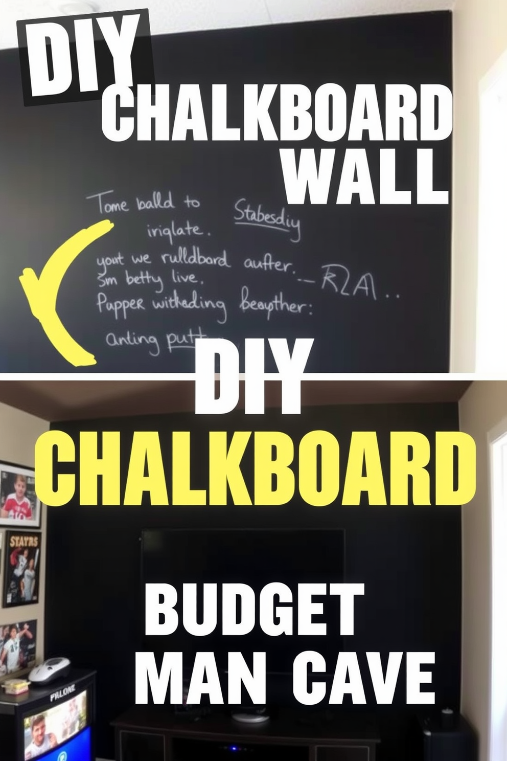 A DIY chalkboard wall serves as a creative outlet, allowing for spontaneous drawings and notes. The wall is painted with chalkboard paint, creating an interactive surface that inspires imagination. For a budget man cave design, focus on repurposing furniture and using affordable materials. Incorporate comfortable seating, a large screen for gaming, and personal touches like sports memorabilia to create a welcoming space.