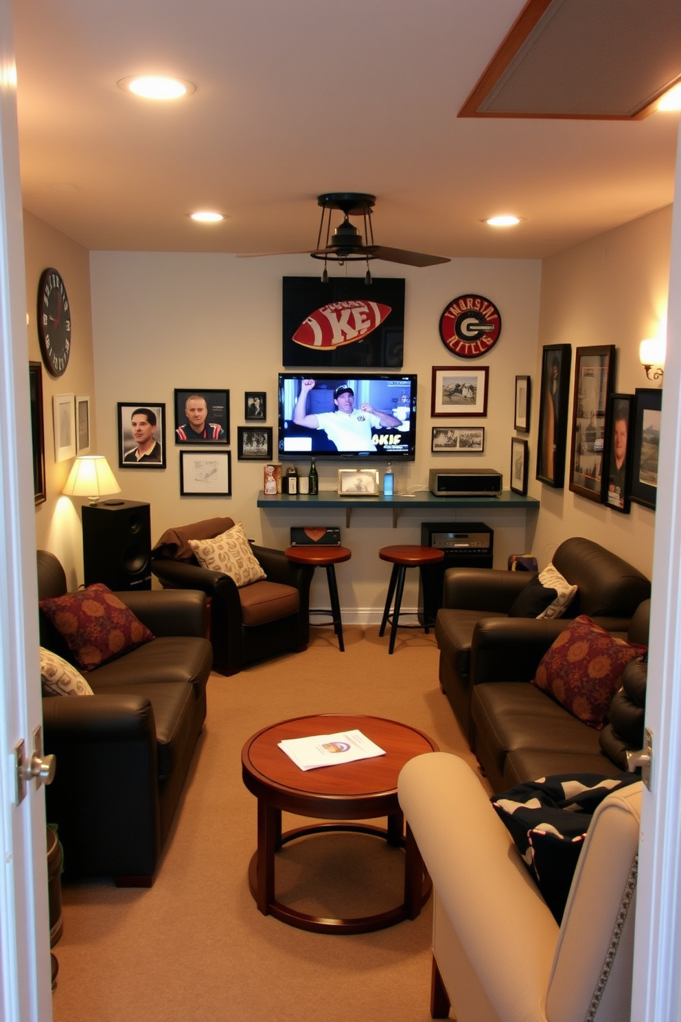 A cozy man cave featuring portable speakers strategically placed for optimal sound enjoyment. The space is designed with comfortable seating, warm lighting, and personal touches that reflect the owner's interests. The walls are adorned with sports memorabilia and artwork that create an inviting atmosphere. A small bar area complements the design, providing a perfect spot for refreshments during gatherings.