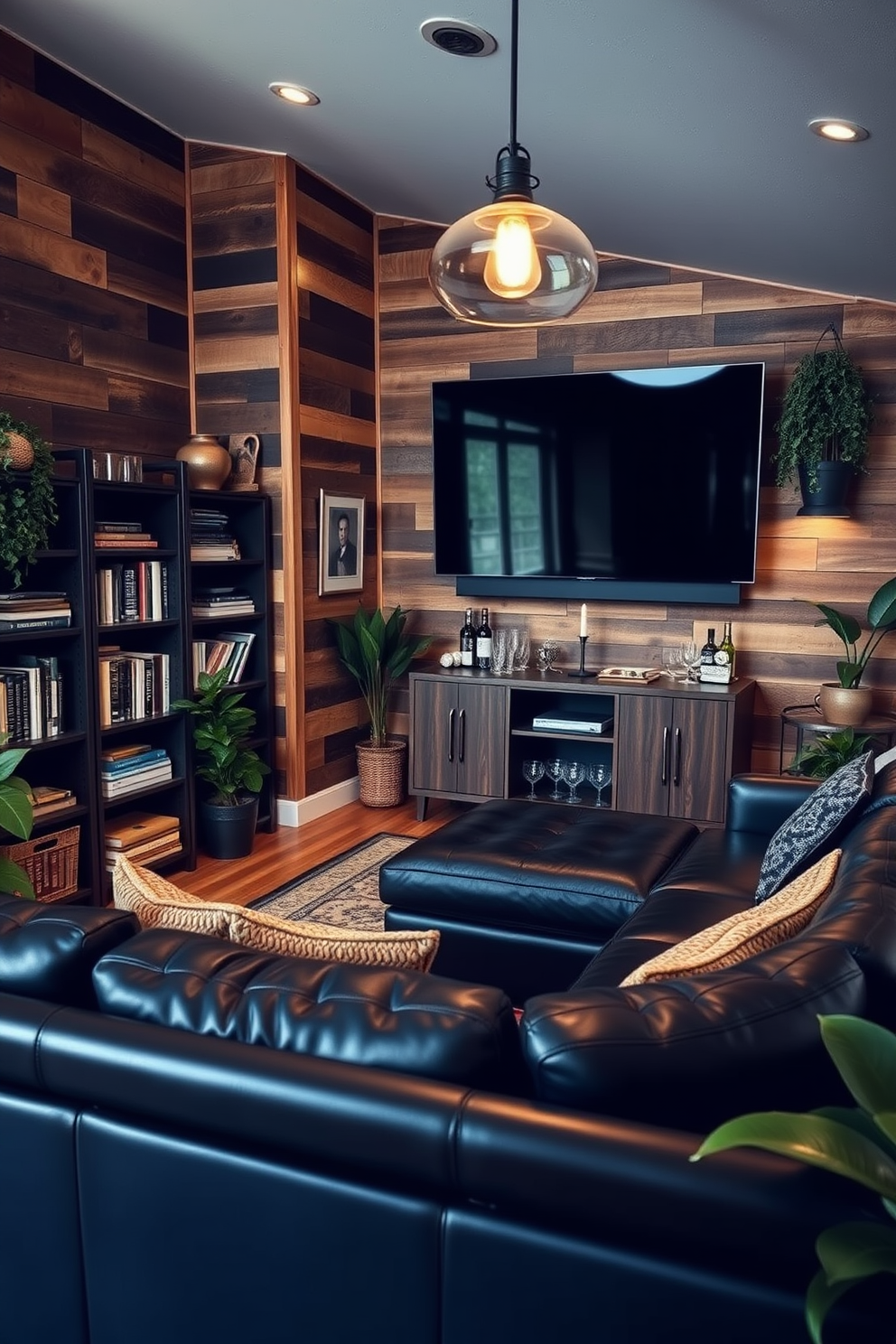 A cozy man cave featuring a comfortable leather sectional sofa in a deep navy hue. The walls are adorned with rustic wooden panels, and a large flat-screen TV is mounted above a stylish media console. In one corner, a tall bookshelf holds an array of books and collectibles, while a small bar cart is stocked with drinks and glassware. Soft lighting from industrial-style pendant lights creates a warm ambiance, and several indoor plants are strategically placed to enhance the fresh atmosphere.