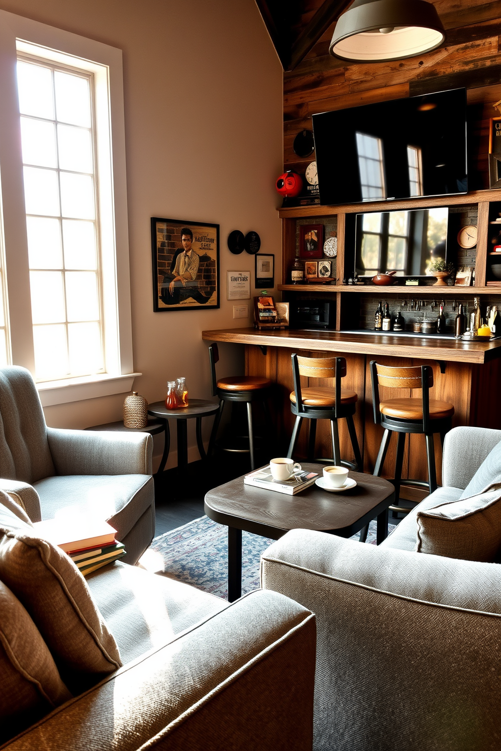 A cozy lounge chair upholstered in soft gray fabric is positioned in a corner, bathed in warm natural light from a nearby window. A small side table holds a stack of books and a steaming cup of coffee, creating an inviting reading nook. The man cave features a rustic wooden bar with high stools, adorned with vintage memorabilia and a large flat-screen TV mounted on the wall. Plush seating arrangements surround a coffee table, creating a perfect space for relaxation and entertainment.