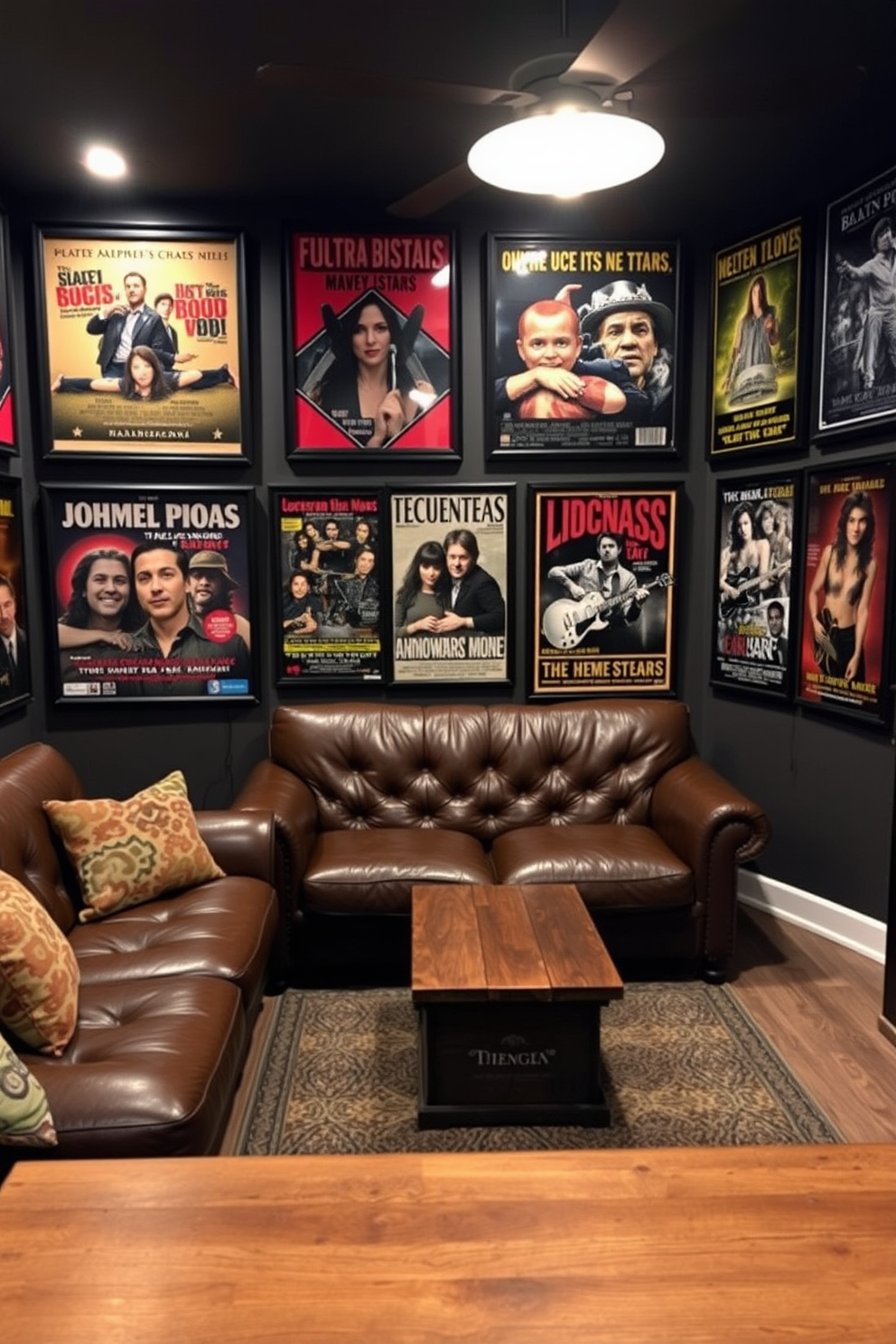 A cozy man cave featuring vintage posters on the walls. The posters showcase classic movies and iconic bands, adding character and nostalgia to the space. The room is furnished with a plush leather sofa and a reclaimed wood coffee table. Ambient lighting creates a warm atmosphere, perfect for relaxing or entertaining friends.