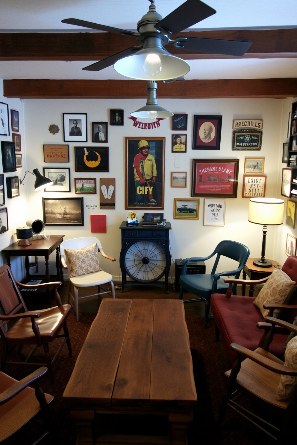 A cozy man cave featuring repurposed furniture that adds unique flair. A reclaimed wood coffee table sits in the center surrounded by mismatched vintage chairs, creating an inviting atmosphere. The walls are adorned with eclectic art and memorabilia, showcasing personal interests and hobbies. Soft lighting from industrial-style lamps enhances the relaxed vibe, making it the perfect retreat for relaxation and entertainment.