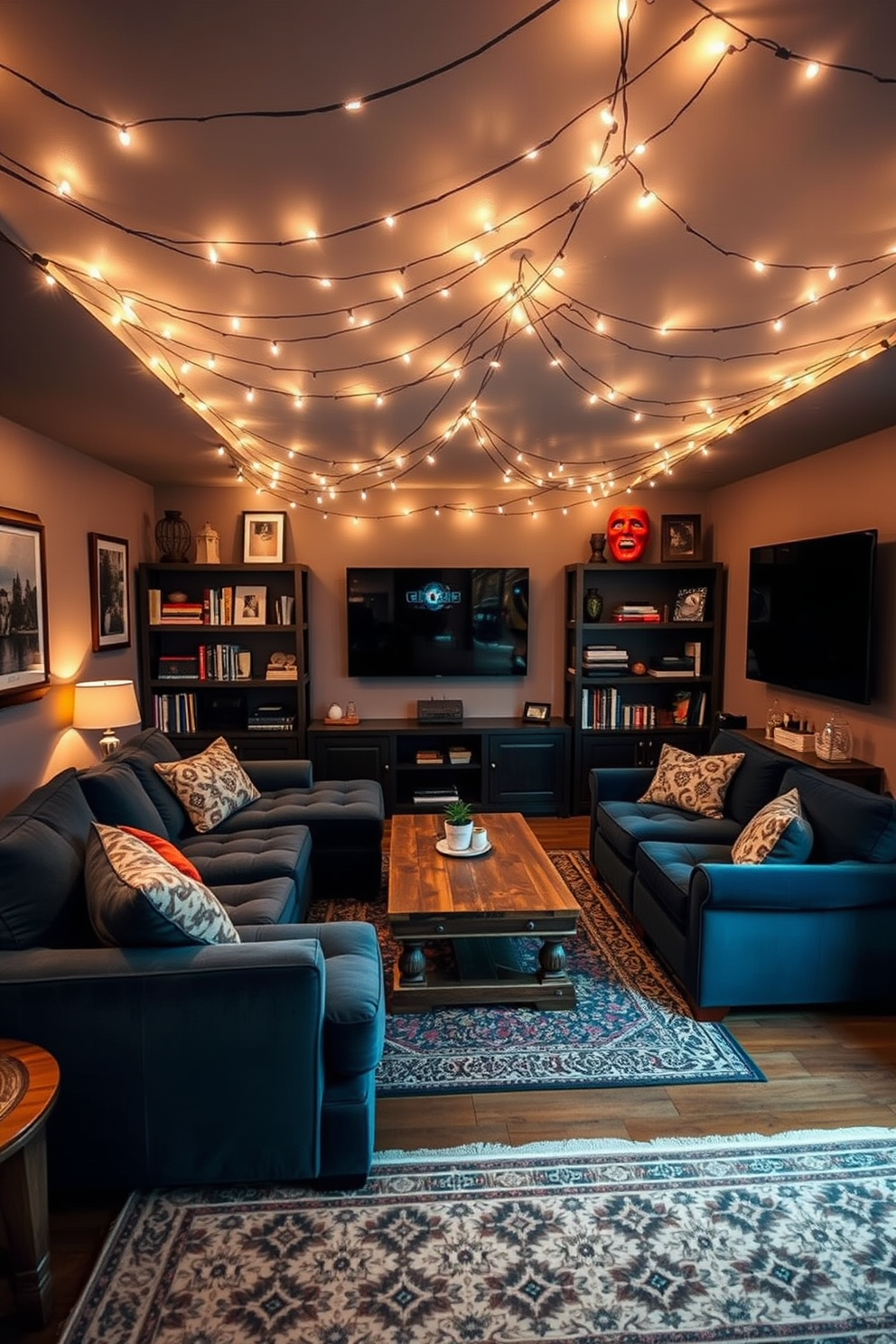 A cozy man cave with soft lighting created by string lights draped across the ceiling. The space features a plush sectional sofa in a deep blue hue, complemented by a rustic wooden coffee table at the center. A large flat-screen TV is mounted on the wall opposite the seating area, surrounded by shelves filled with books and collectibles. The walls are painted in a warm gray tone, and a patterned area rug adds texture to the floor.