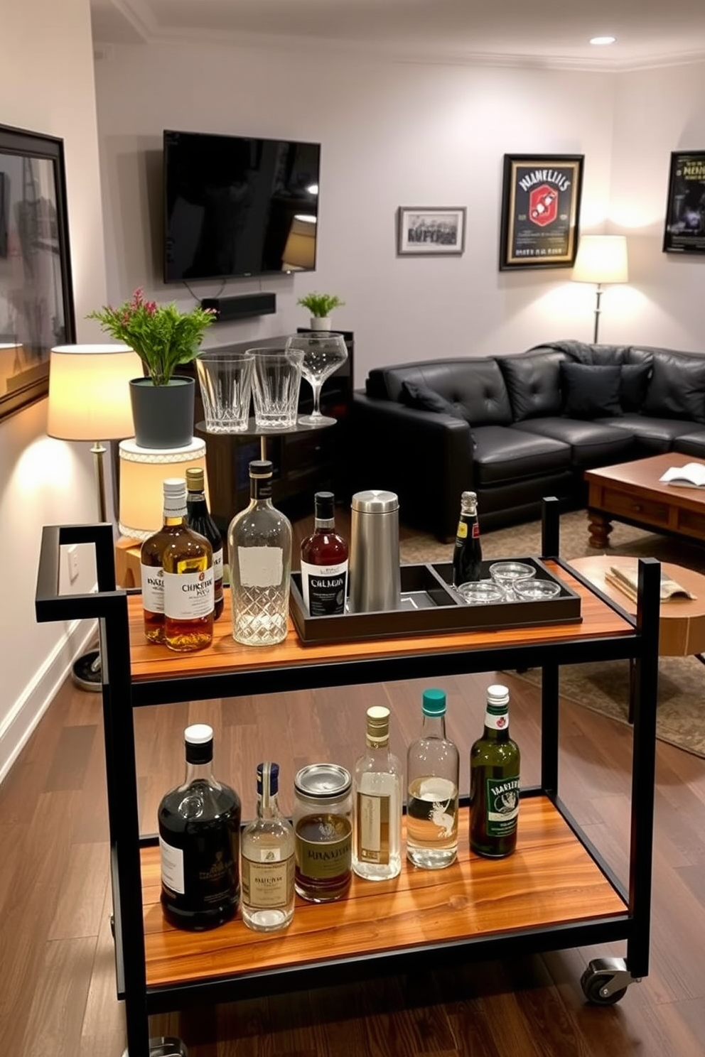 A stylish bar cart designed for entertaining guests. The cart features a sleek black frame with wooden shelves, adorned with an array of premium spirits and elegant glassware. The top shelf showcases a set of crystal tumblers and a cocktail shaker, while the bottom shelf holds a selection of mixers and garnishes. A small potted plant adds a touch of greenery, and a decorative tray organizes the essentials. A cozy man cave designed for relaxation and entertainment. The space includes a plush sectional sofa, a large flat-screen TV mounted on the wall, and a rustic coffee table made from reclaimed wood. Soft lighting from floor lamps creates a warm ambiance, while sports memorabilia and framed posters add a personal touch to the decor.