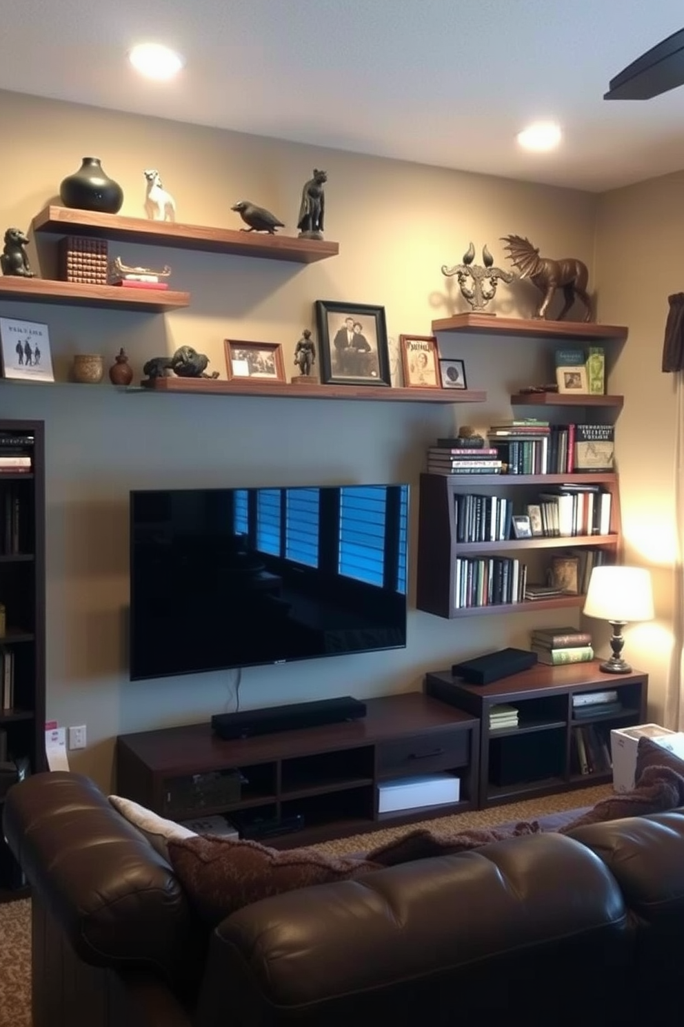 A cozy man cave featuring wall-mounted shelves that showcase an array of collectibles and books. The shelves are made of reclaimed wood, adding a rustic charm to the space. The room is designed with a comfortable leather sofa and a large flat-screen TV mounted on the opposite wall. Ambient lighting highlights the shelves and creates a warm, inviting atmosphere.