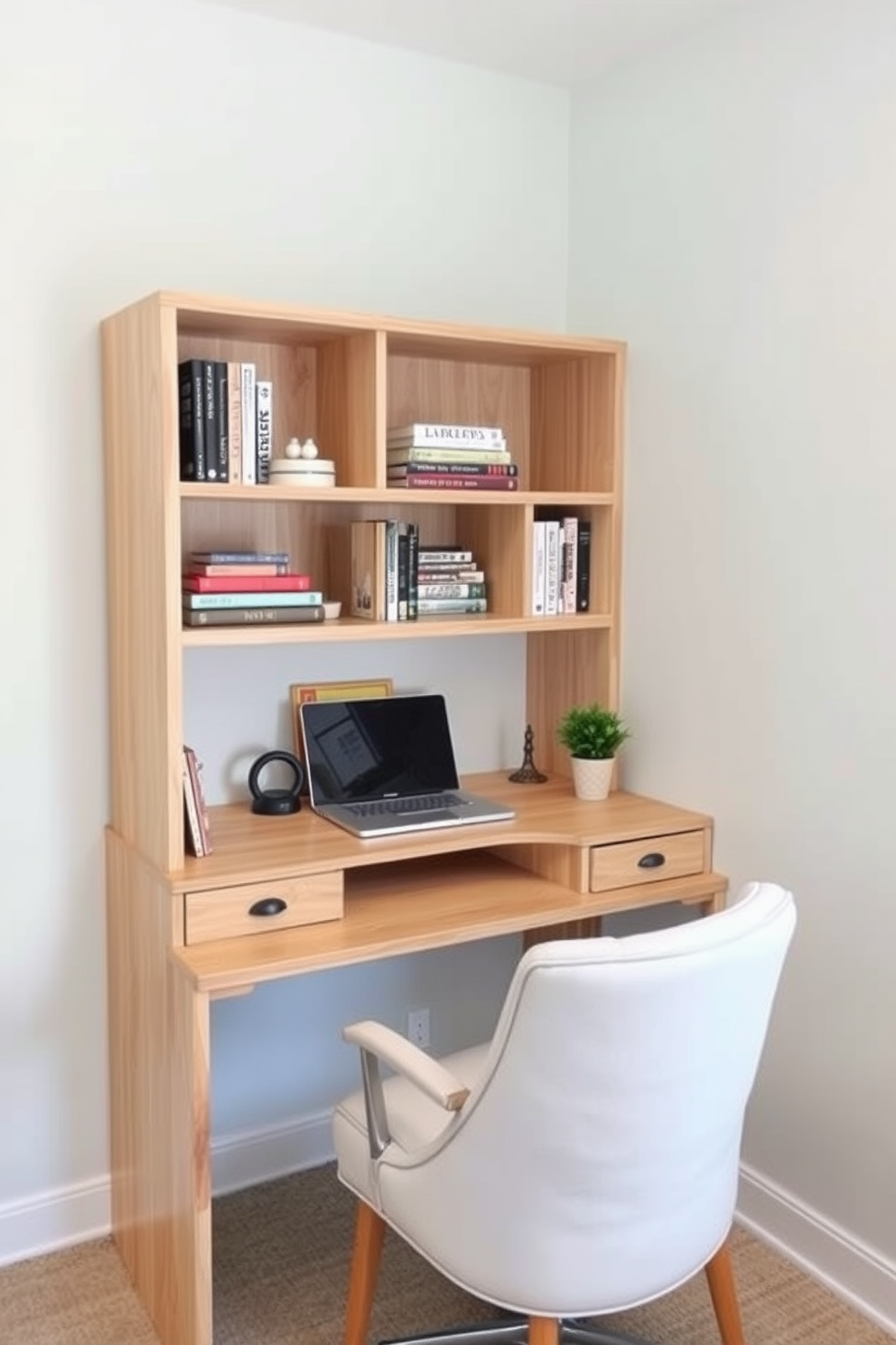 Cozy corner desk with shelves in a budget-friendly study room. The desk is made of light wood and features open shelving above for books and decorative items. The walls are painted in a soft pastel color to create a calming atmosphere. A comfortable chair with a simple design complements the desk, and a small potted plant adds a touch of greenery.