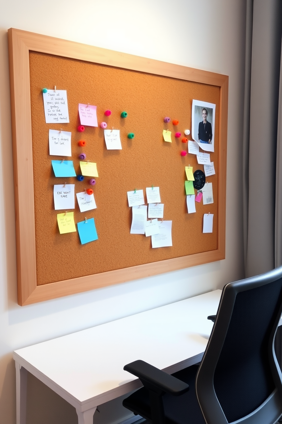 A cozy DIY corkboard is mounted on the wall, surrounded by colorful push pins and notes filled with reminders and inspiration. The corkboard is framed in natural wood, adding a warm touch to the space. The study room features a minimalist desk with a sleek design, paired with a comfortable ergonomic chair. Soft lighting illuminates the area, creating an inviting atmosphere for productivity and focus.