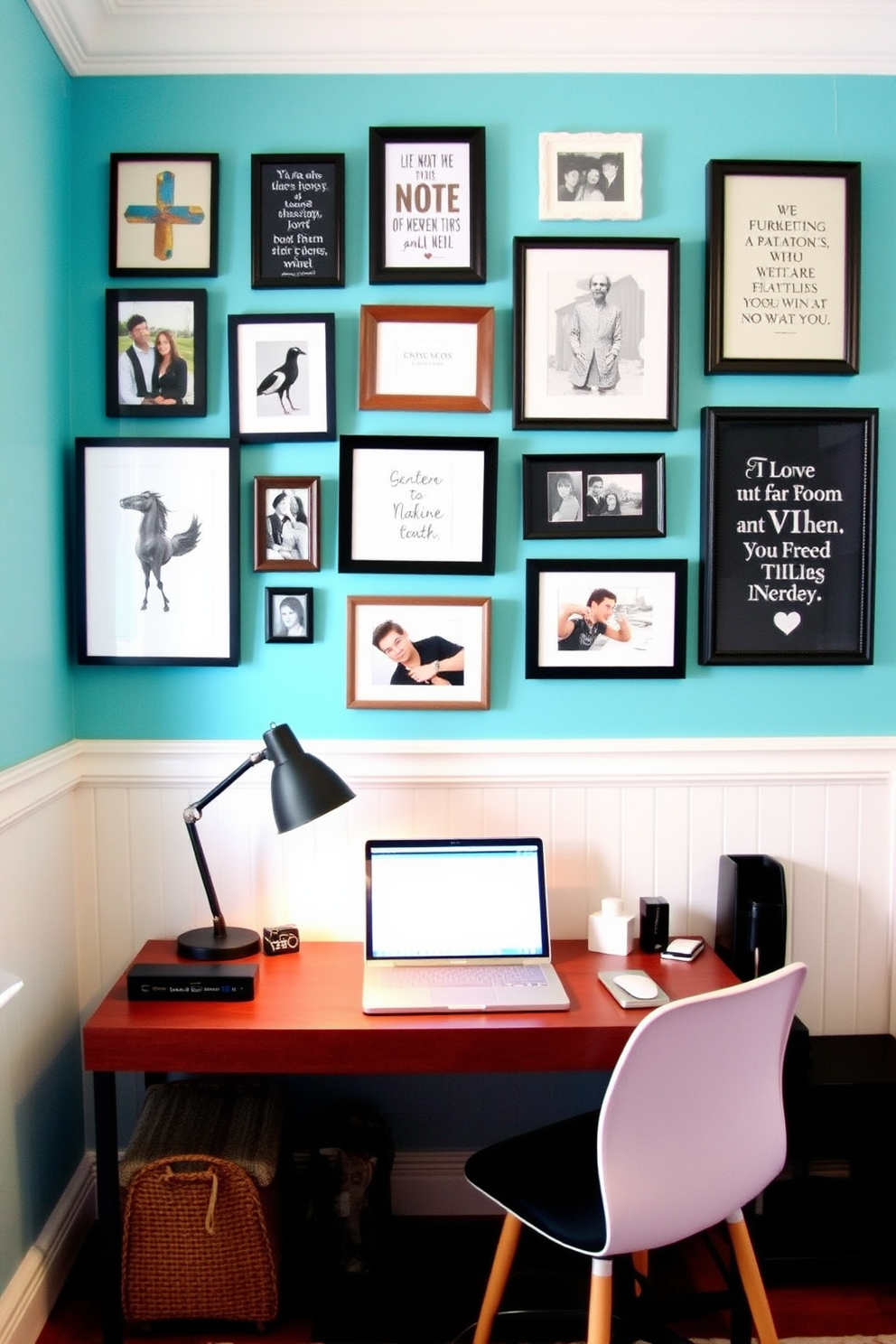 Create a gallery wall of inspiration featuring a mix of framed art, photographs, and motivational quotes. The wall should have a cohesive color palette that complements the room's decor, with varying frame styles for added visual interest. Design a budget-friendly study room that maximizes functionality without sacrificing style. Incorporate a compact desk, comfortable seating, and smart storage solutions while using affordable materials and decor elements.