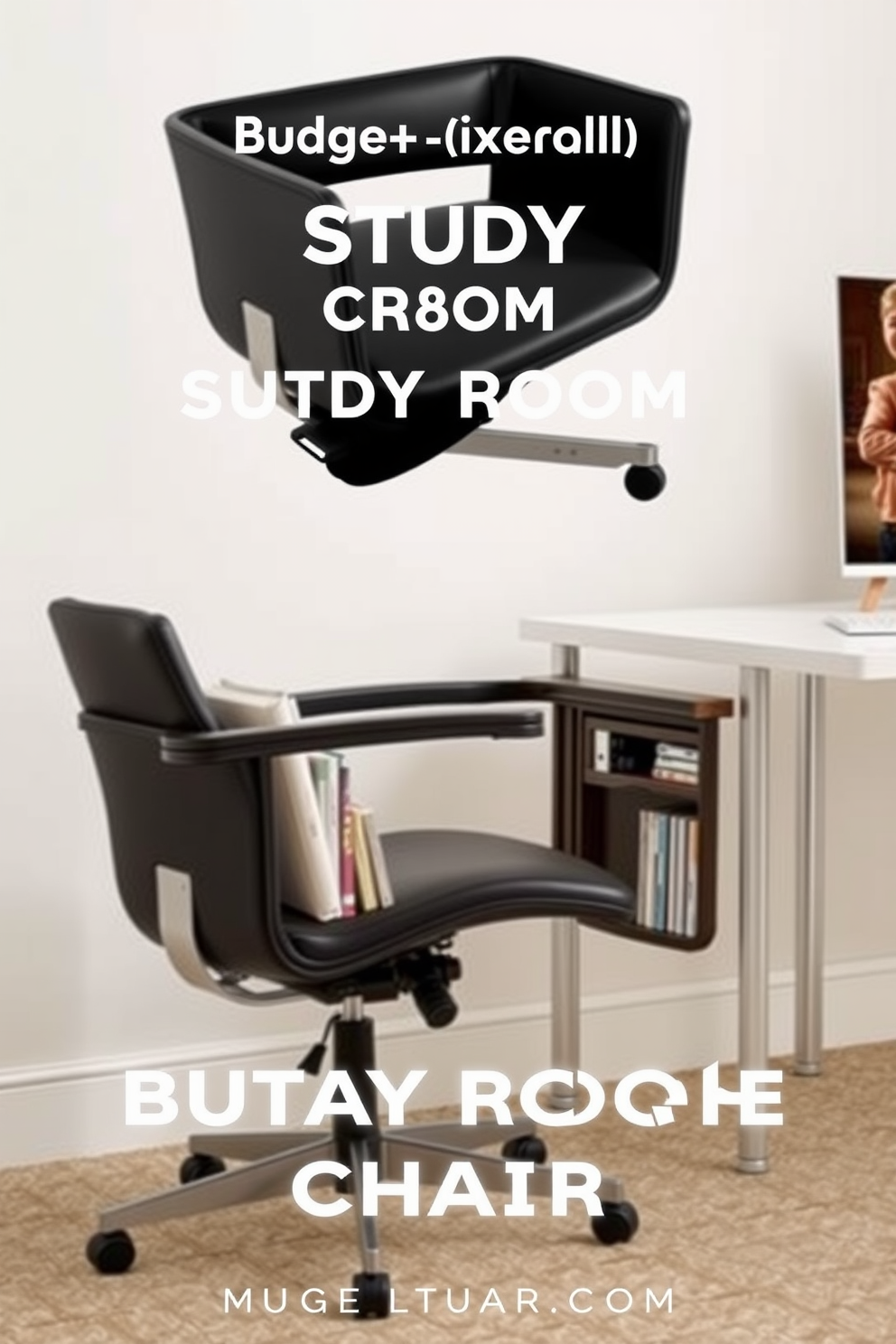 A multi-functional chair designed for a budget-friendly study room. The chair features a sleek design with adjustable height and built-in storage for books and supplies. Incorporate a small desk with a minimalist aesthetic to complement the chair. Use soft, neutral colors for the walls to create a calming study environment.