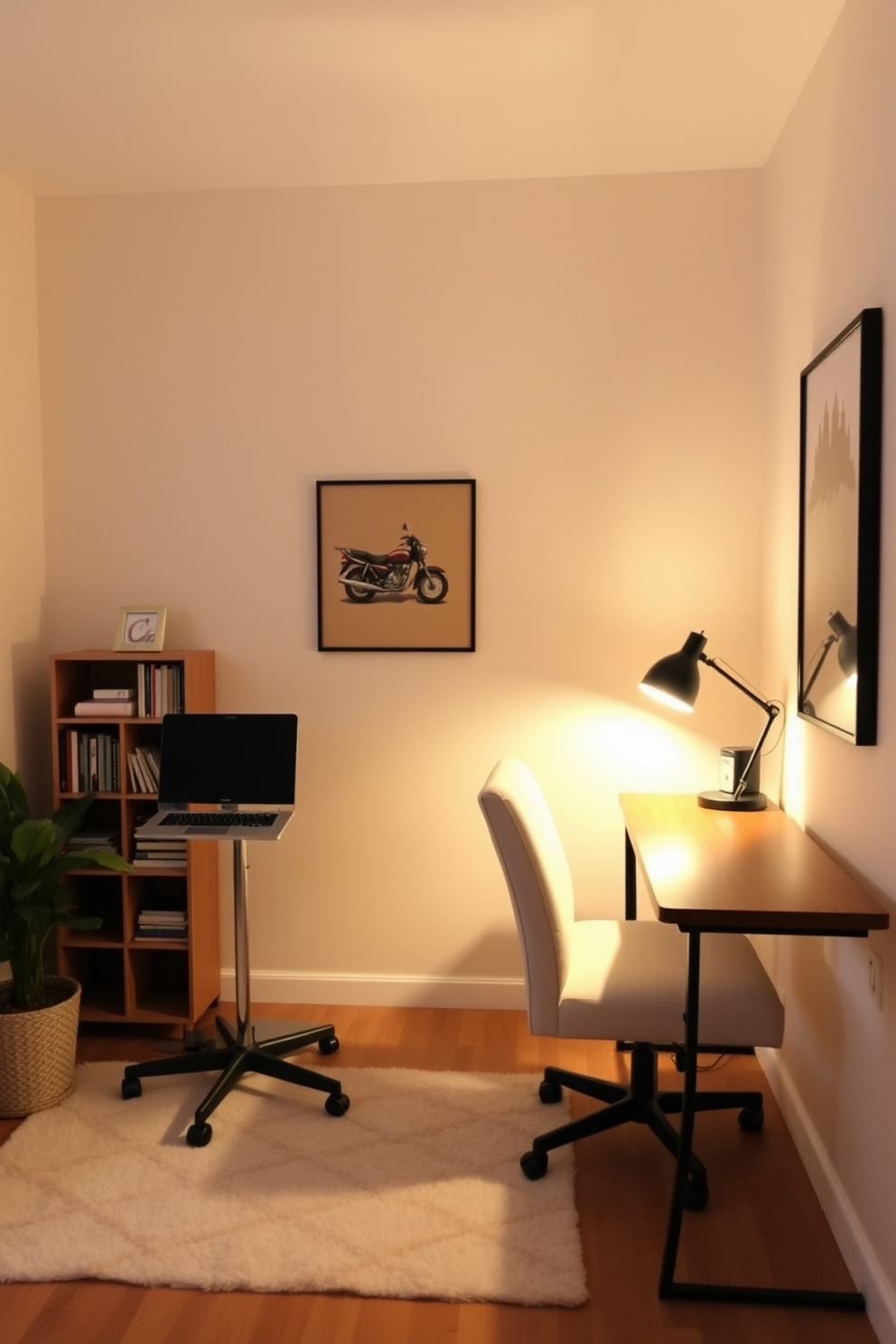 A cozy budget study room with a small wooden bookshelf against the wall for organization. The room features a simple desk with a comfortable chair, a soft rug underfoot, and warm lighting to create an inviting atmosphere.