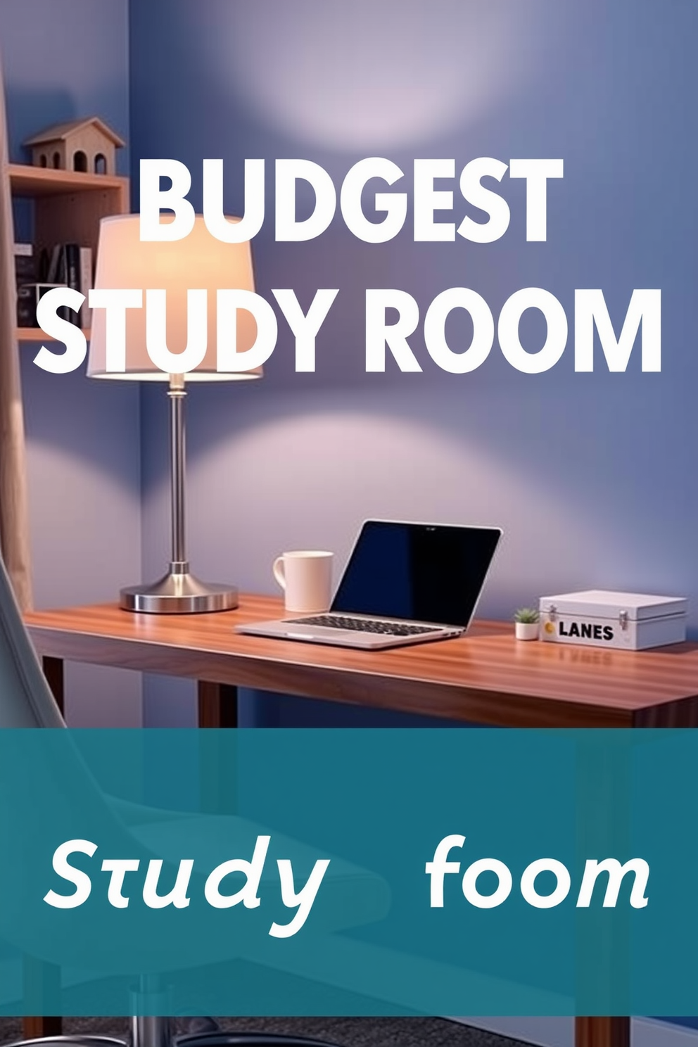 A cozy budget study room with a stylish desk lamp illuminating a sleek wooden desk. The walls are painted in a soft blue, creating a calming atmosphere, while a comfortable chair complements the workspace.