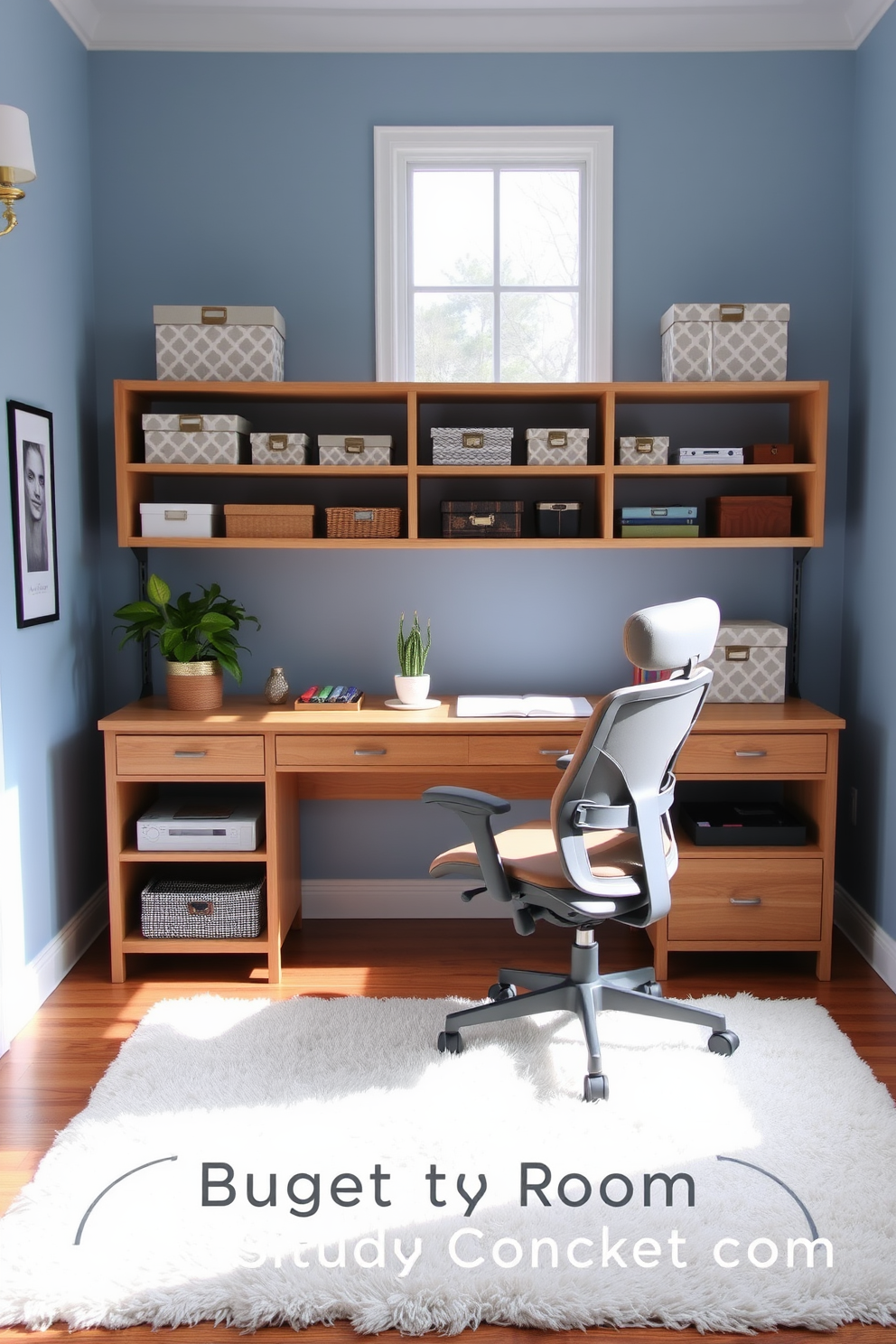 A cozy budget study room featuring a wooden desk with a comfortable ergonomic chair. The walls are painted in a soft blue hue, and a large window allows natural light to fill the space. Decorative boxes in various sizes are neatly arranged on the shelves, providing both organization and style. A plush area rug in a neutral tone adds warmth to the room, while a small potted plant sits on the desk for a touch of greenery.