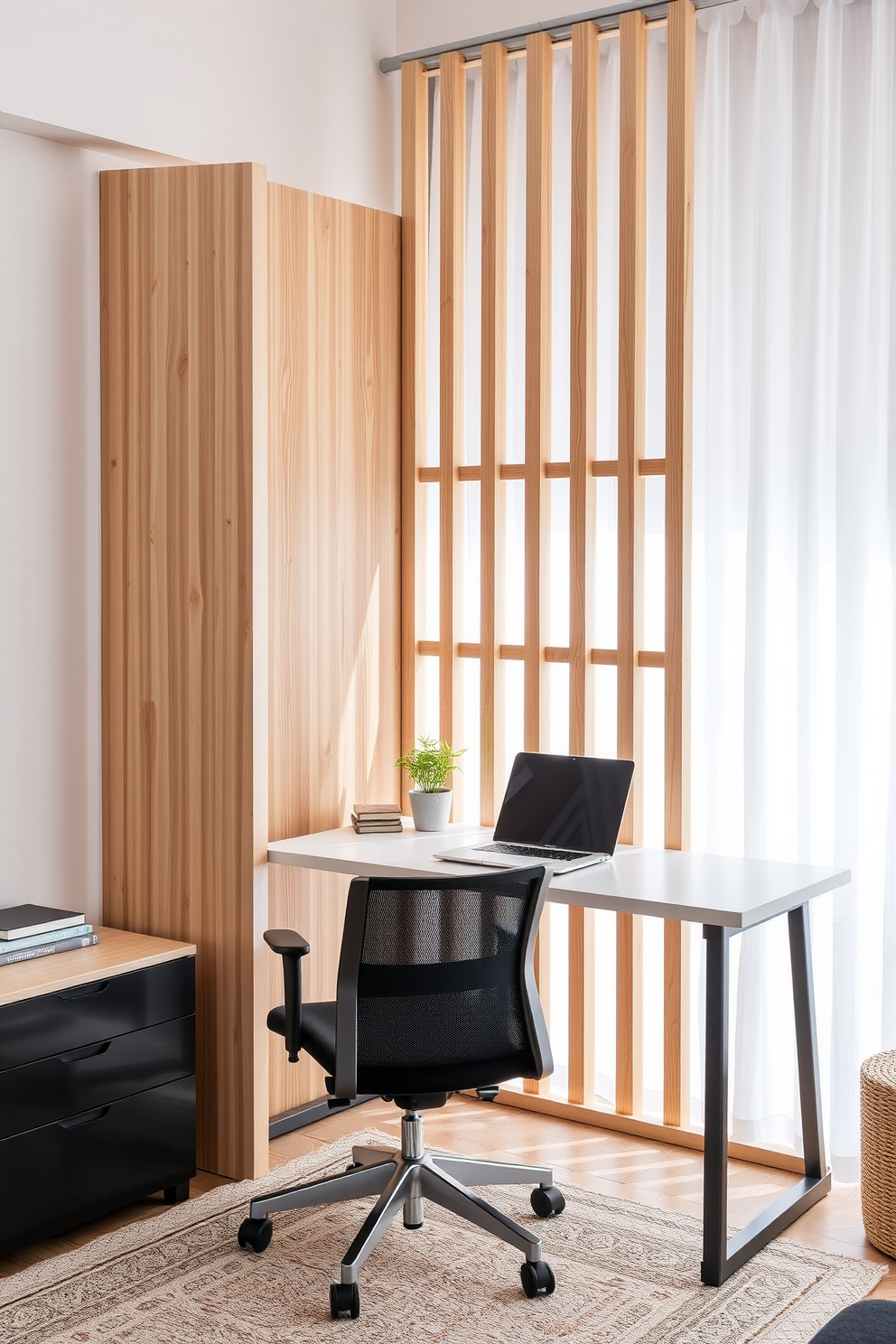 A stylish budget study room featuring a modern room divider that creates a sense of privacy. The divider is made of lightweight wood with a geometric pattern, allowing light to filter through while separating the study area from the rest of the room. The study area includes a sleek desk with a minimalist design and a comfortable ergonomic chair. On the desk, there is a laptop, a few books, and a small potted plant for a touch of greenery.