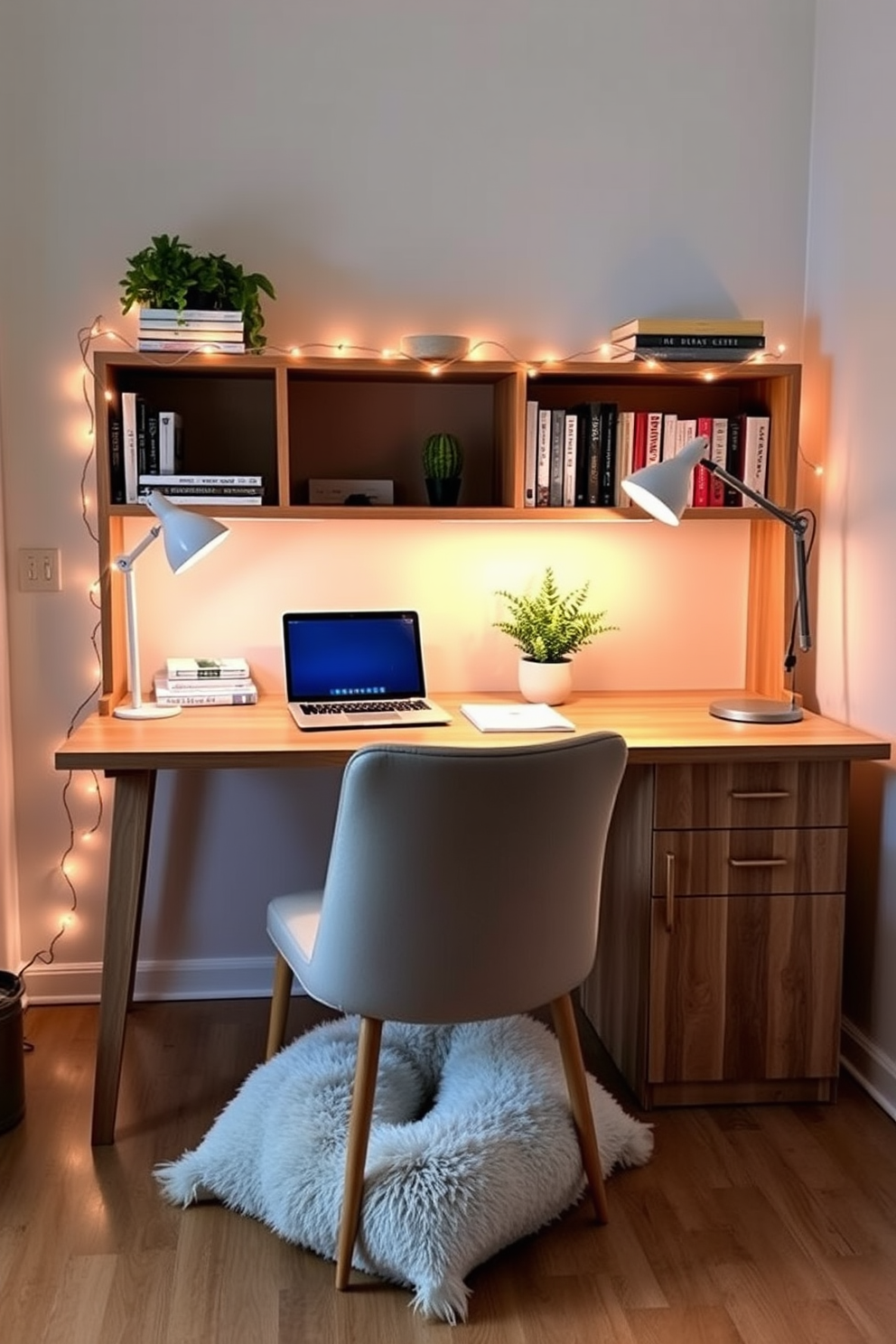 A cozy budget study room featuring a large wooden desk positioned against a wall. The desk is adorned with a sleek laptop, a stack of books, and a stylish desk lamp providing warm light. Soft, ambient fairy lights are draped along the shelves, creating a welcoming atmosphere. A comfortable chair with a plush cushion sits invitingly in front of the desk, and a small potted plant adds a touch of greenery to the space.