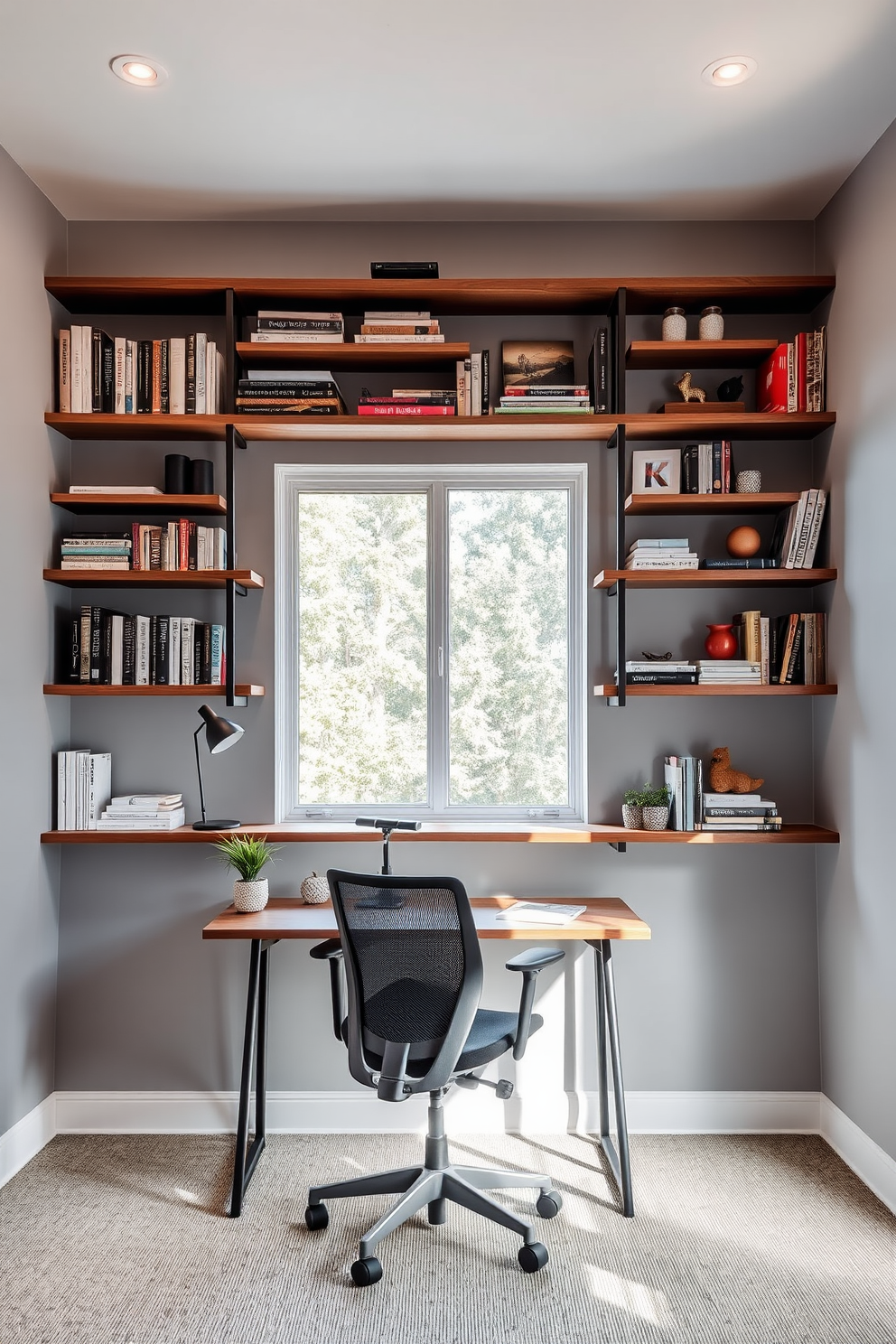 A cozy study room featuring floating shelves adorned with an array of books and decorative items. The walls are painted in a soft gray tone, creating a calm and inviting atmosphere. Natural light pours in through a large window, illuminating a sleek wooden desk positioned beneath the shelves. A comfortable ergonomic chair complements the modern design, while a small potted plant adds a touch of greenery to the space.