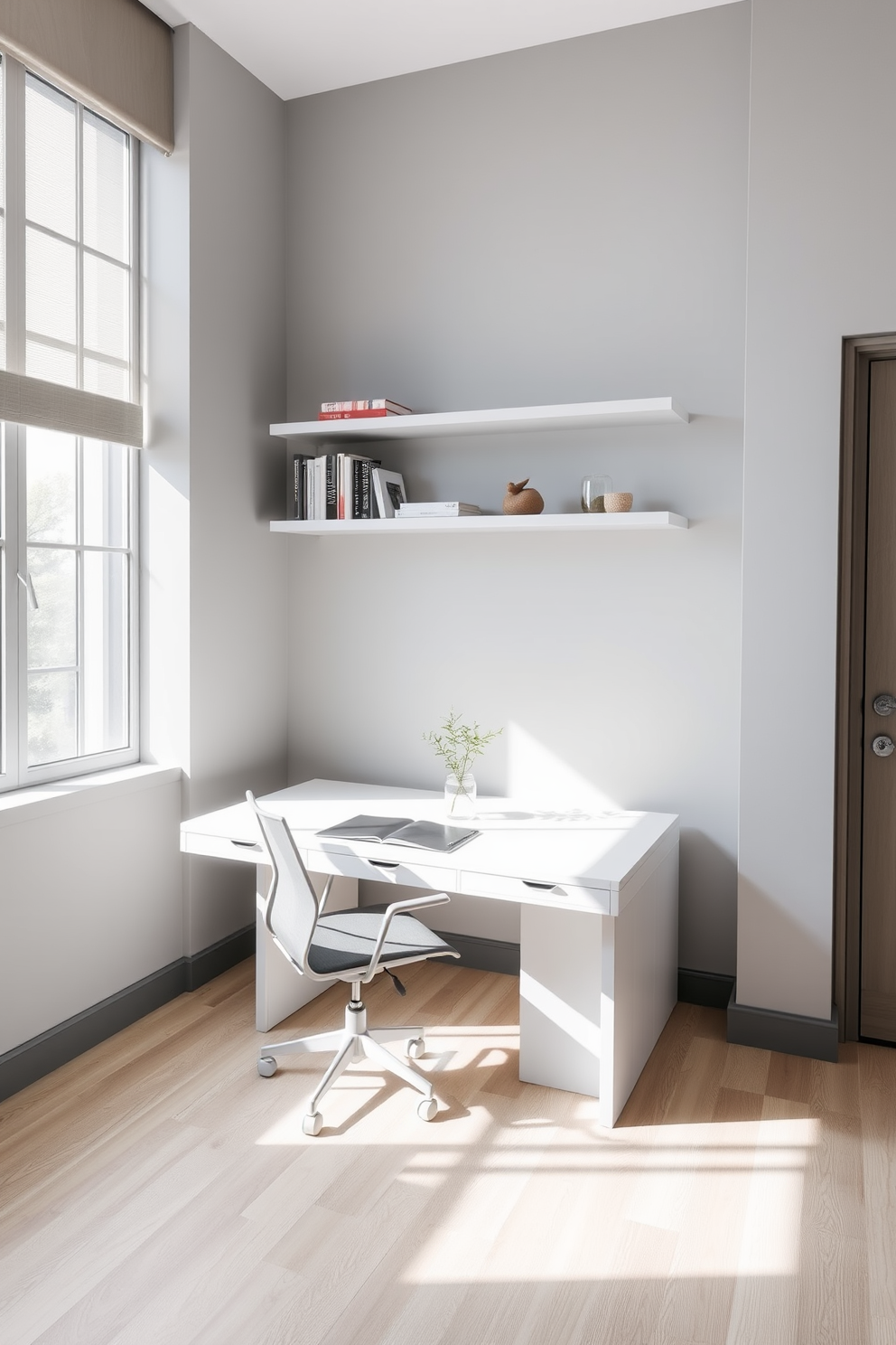 A minimalist study area featuring a sleek white desk with clean lines and a comfortable ergonomic chair. The walls are painted in a soft gray, and a large window allows natural light to fill the space, complemented by a simple indoor plant on the desk. The floor is adorned with a light wood finish, adding warmth to the room. Shelves with a few carefully selected books and decorative items are mounted above the desk, creating an organized yet inviting atmosphere.