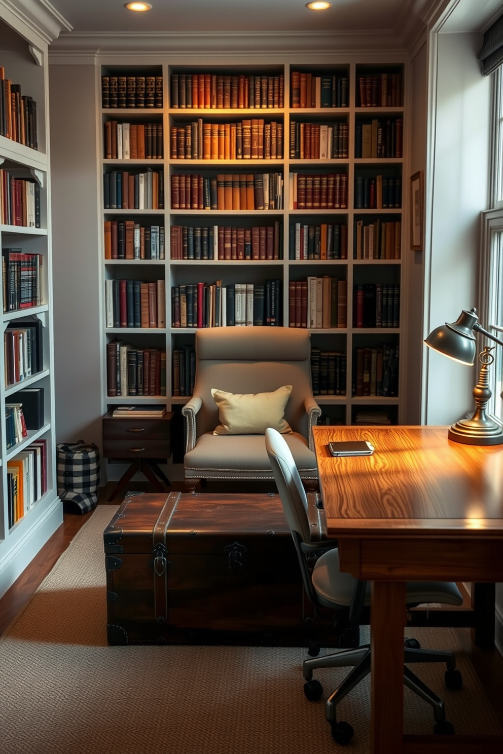 A cozy study room designed around a vintage trunk used for storage. The trunk sits at the foot of a comfortable reading chair, surrounded by bookshelves filled with classic literature. Soft, warm lighting illuminates the space, creating an inviting atmosphere for study and reflection. A wooden desk, paired with an ergonomic chair, complements the vintage aesthetic while providing a functional workspace.