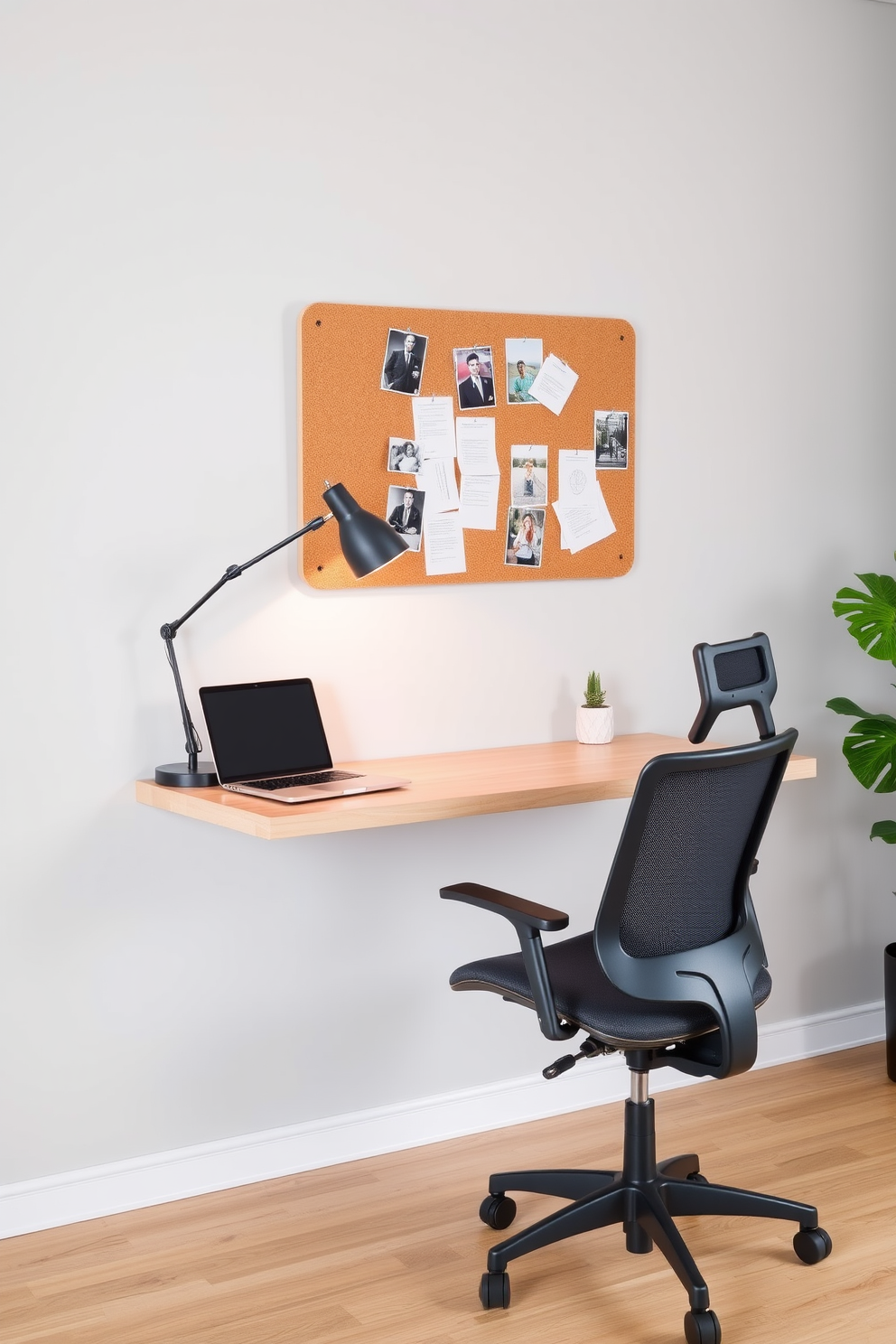 A modern budget study room featuring a wall-mounted desk made of light wood. The desk is equipped with a sleek laptop and a stylish desk lamp, while a comfortable ergonomic chair is positioned nearby. The walls are painted in a soft gray tone, creating a calm atmosphere. A corkboard is mounted above the desk, adorned with notes and photos for inspiration.