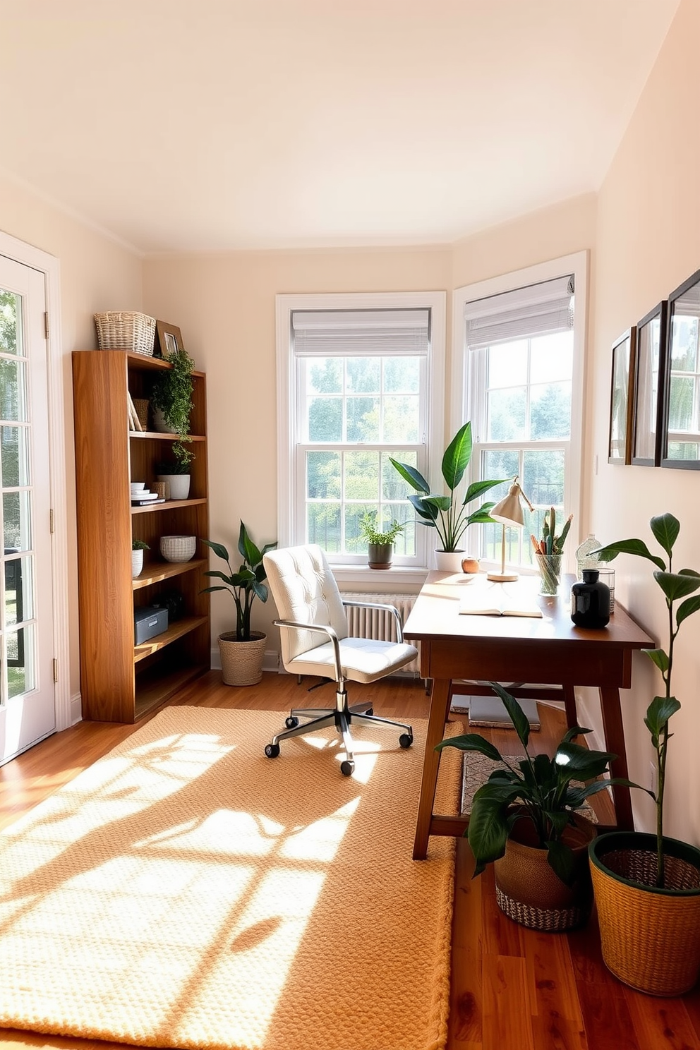 A cozy budget study room filled with natural light. The focal point is a bright, textured rug that adds warmth to the space and complements the wooden desk and shelves. The walls are painted in a soft cream color, creating a calming atmosphere. A comfortable chair is positioned at the desk, with a few potted plants placed nearby to enhance the inviting feel.