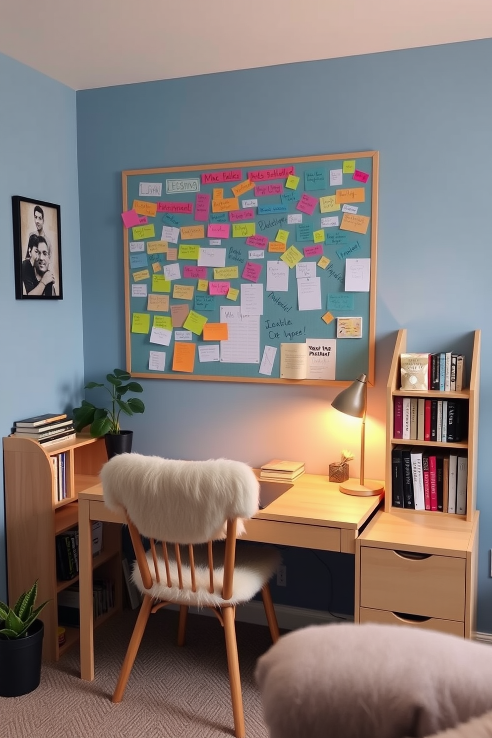 A cozy budget study room designed for productivity. The walls are painted a soft blue, and a large bulletin board filled with colorful notes and ideas is mounted above a simple wooden desk. A comfortable chair with a plush cushion sits at the desk, while a small bookshelf filled with inspiring books stands against one wall. A warm lamp provides soft lighting, and a potted plant adds a touch of greenery to the space.