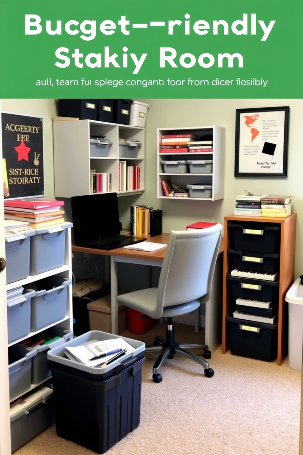 A budget-friendly study room designed with stackable storage bins for flexibility. The room features a compact desk with a comfortable chair, surrounded by organized bins that hold books and supplies.