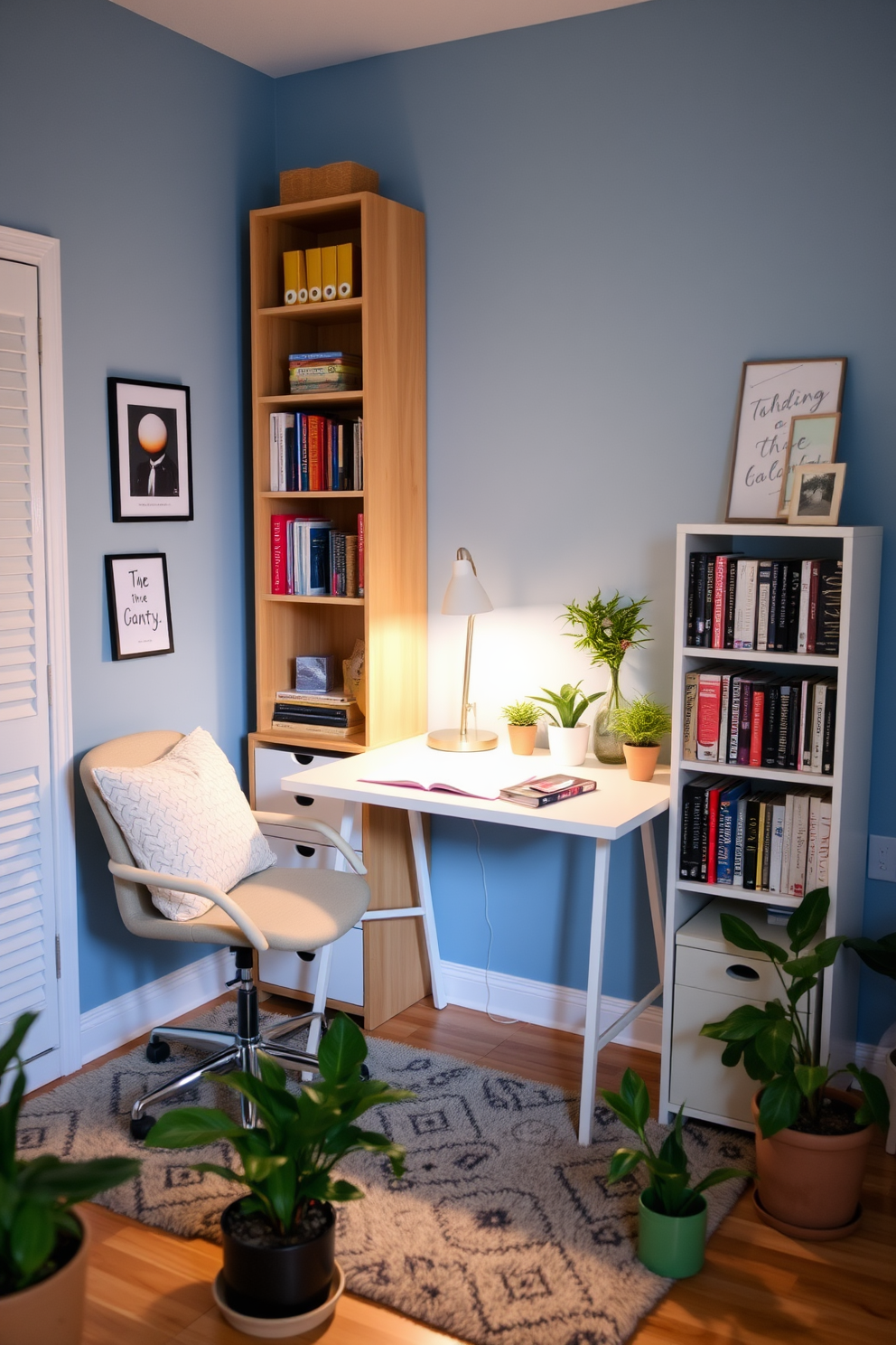 A cozy budget study room featuring a small table that can be easily moved for flexibility. The room includes a comfortable chair, a bookshelf filled with books, and a desk lamp for focused lighting. The walls are painted in a soft blue hue to promote calmness and concentration. A plush area rug adds warmth to the space, while a few potted plants provide a touch of greenery.