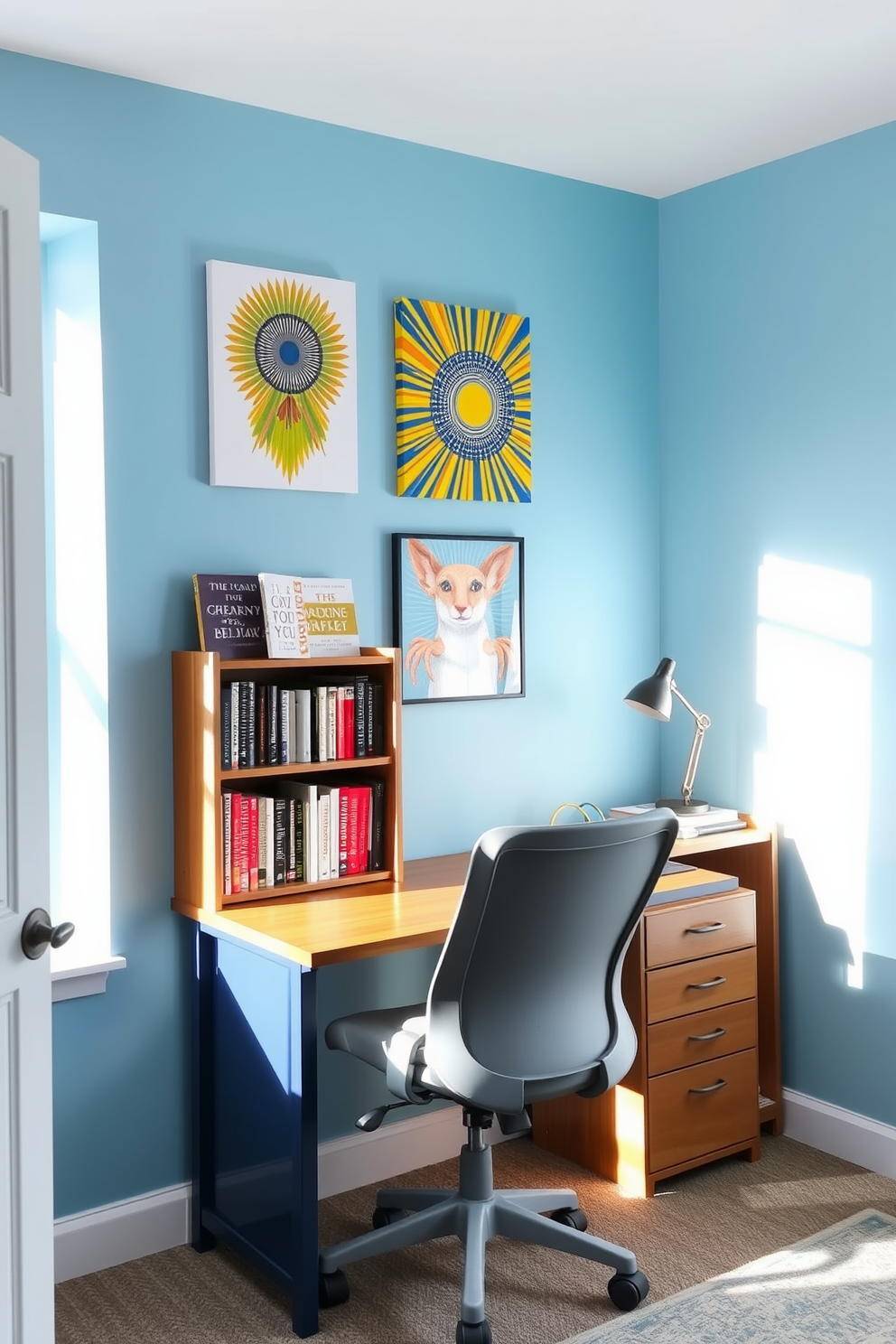 A budget study room filled with natural light. The walls are painted in a calming blue hue, and a simple wooden desk is positioned near the window. A comfortable ergonomic chair sits at the desk, paired with a small bookshelf filled with inspiring novels. On the wall above the desk, colorful artwork is hung to spark creativity and motivation.