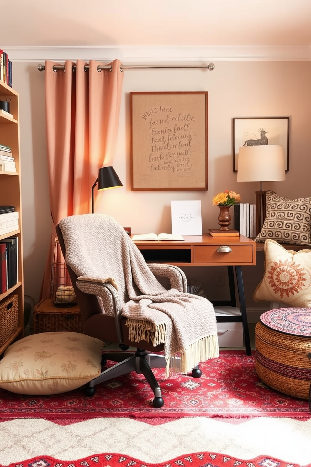 Create a cozy atmosphere with textiles in a budget study room. Use warm colors and soft fabrics to enhance comfort and functionality. Incorporate a comfortable desk chair with a plush throw blanket draped over it. Add layered rugs and decorative cushions to create an inviting space for studying.