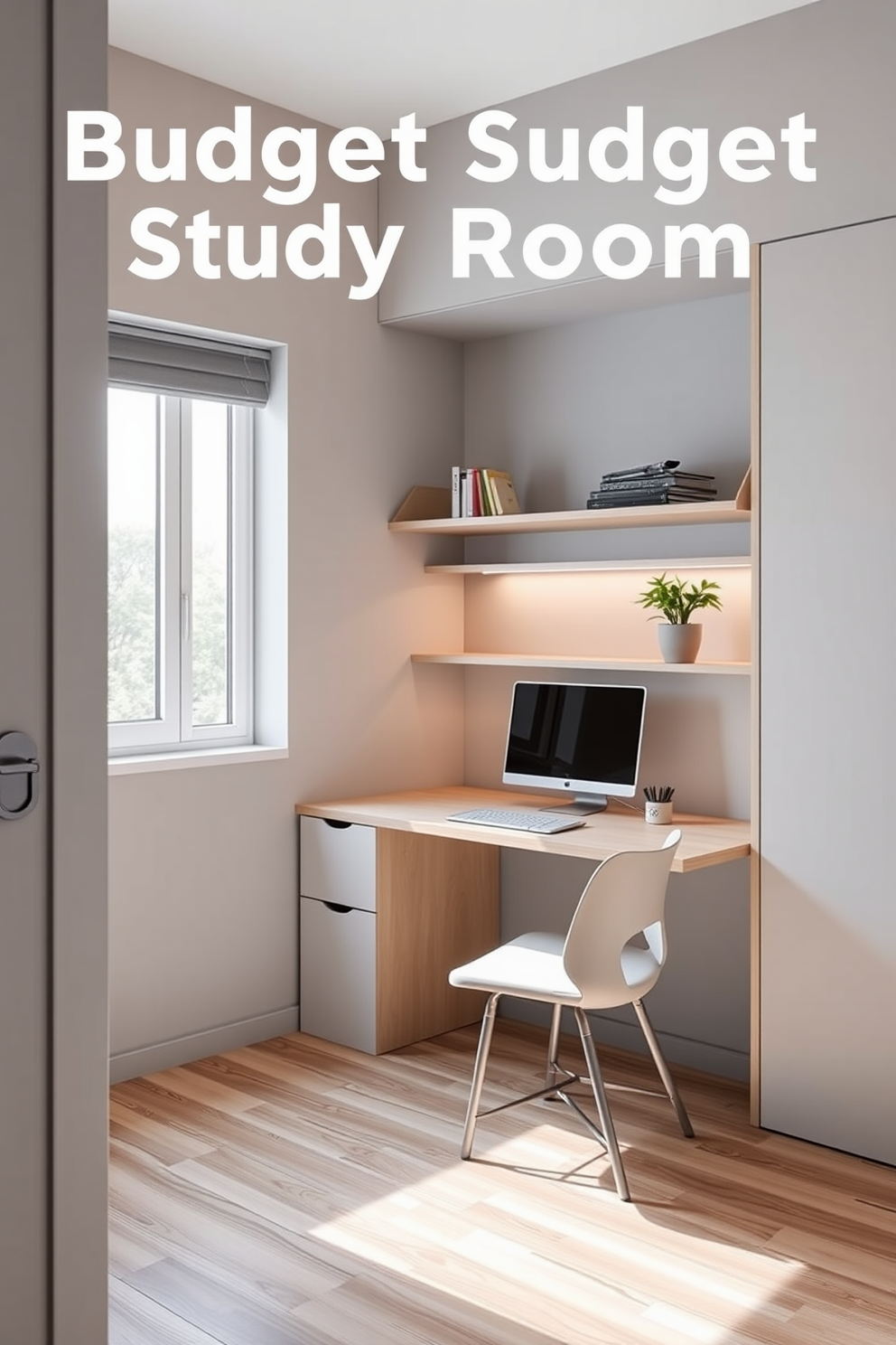 A modern budget study room features a foldable desk that seamlessly integrates into the space, allowing for efficient use of limited square footage. The desk is positioned near a window, providing natural light and a view, while a comfortable chair complements the minimalist design. The walls are painted in a soft gray tone, creating a calming atmosphere, and shelves are mounted above the desk for additional storage. A small potted plant adds a touch of greenery, enhancing the overall aesthetic of the study area.