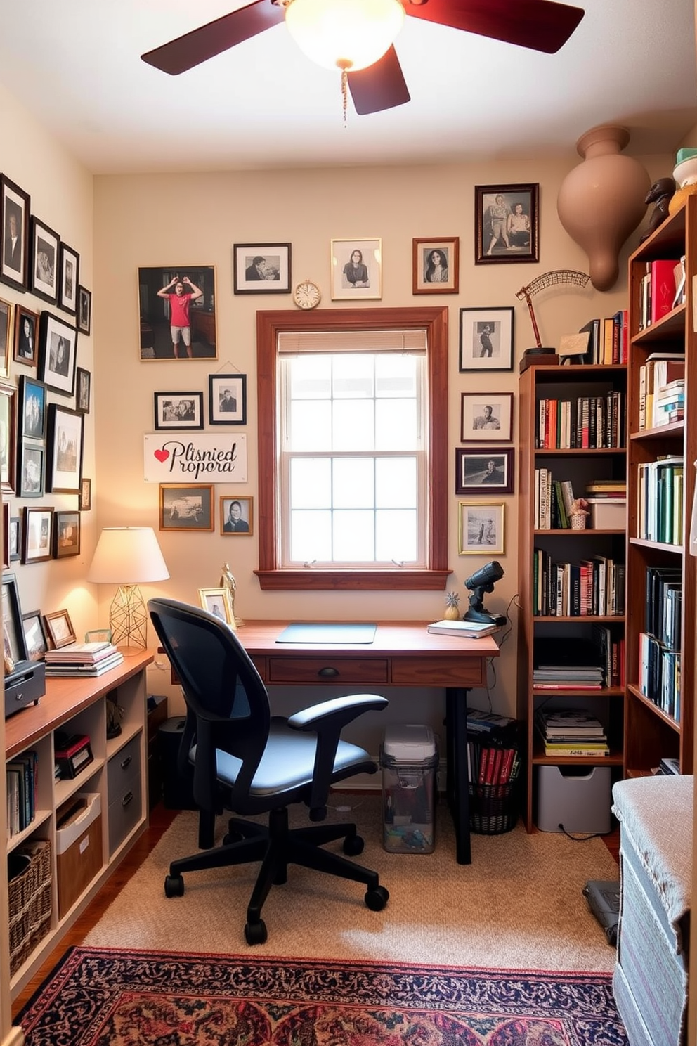 A cozy budget study room filled with personal touches. The walls are adorned with framed photos and cherished mementos, creating a warm and inviting atmosphere. A sturdy wooden desk sits in the center, paired with a comfortable ergonomic chair. Shelves on either side of the desk are filled with books and decorative items, adding character and functionality to the space.