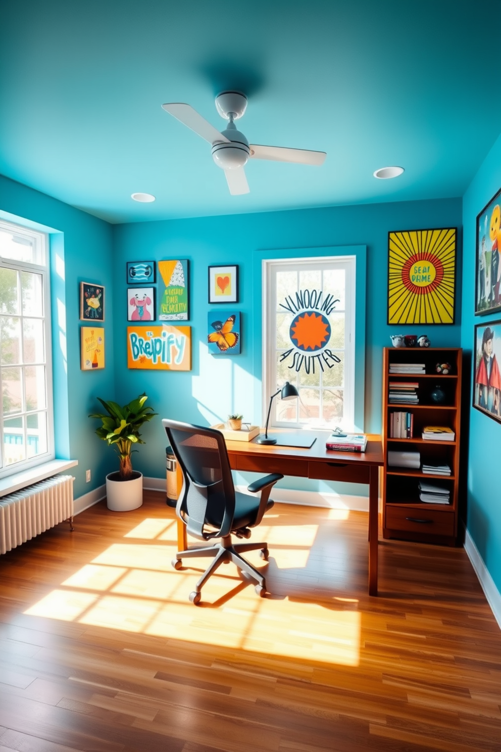 A vibrant study room filled with natural light. The walls are adorned with colorful wall art that inspires creativity and motivation. The room features a sleek wooden desk positioned near a large window. A comfortable ergonomic chair complements the desk, providing a perfect workspace.