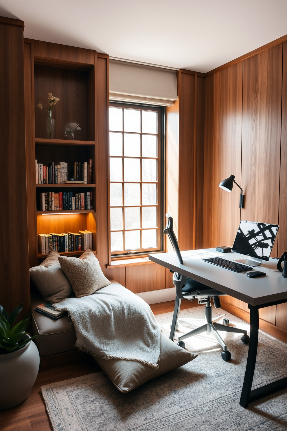 A cozy reading nook adorned with plush cushions and a soft throw blanket. A large window allows natural light to filter in, illuminating a small bookshelf filled with well-loved novels. The study room features a sleek desk with a modern ergonomic chair, ideal for long hours of work. Warm wood tones and soft lighting create an inviting atmosphere, making it the perfect space for productivity and creativity.