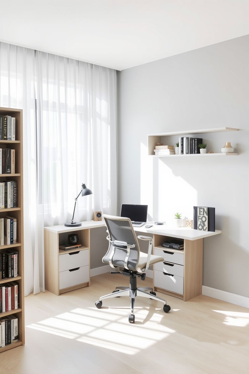 A functional study room featuring a sleek desk with built-in storage options. The desk is positioned against a light gray wall and is complemented by a comfortable ergonomic chair. The room is illuminated by natural light streaming through a large window adorned with sheer curtains. A bookshelf filled with neatly organized books and decorative items stands to one side, adding character to the space.