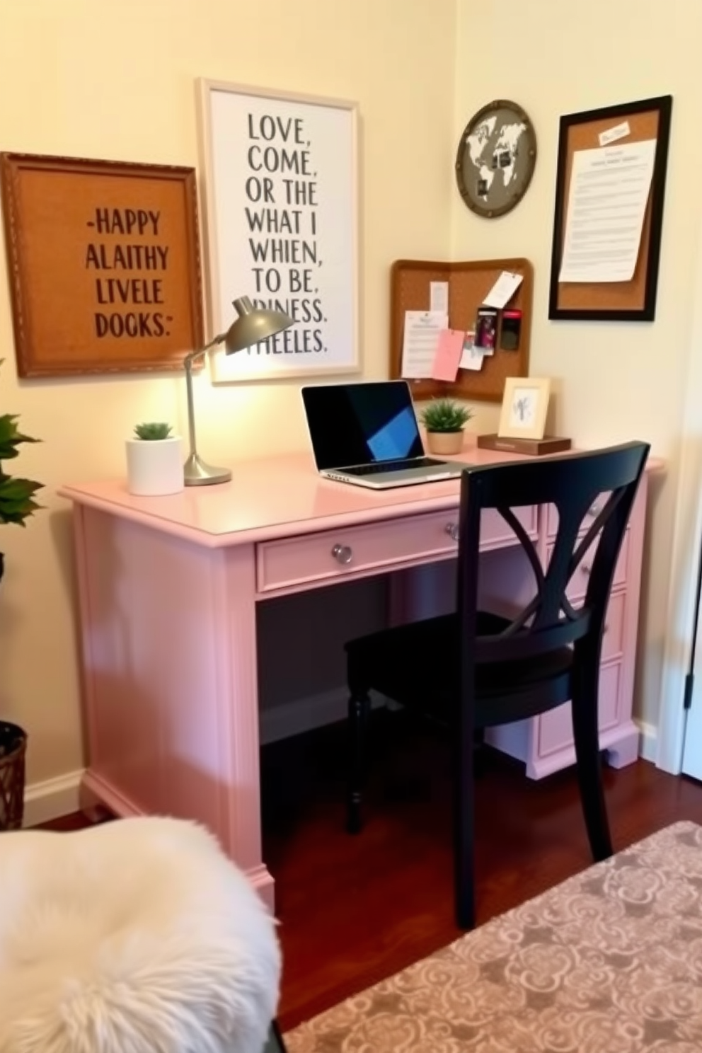 A budget-friendly study room features a repurposed old dresser transformed into a stylish desk. The dresser is painted in a soft pastel color, with the top adorned by a sleek laptop and a small potted plant for a touch of greenery. The walls are decorated with motivational artwork and a corkboard for organization. A cozy chair complements the desk, while a warm rug adds texture and comfort to the space.