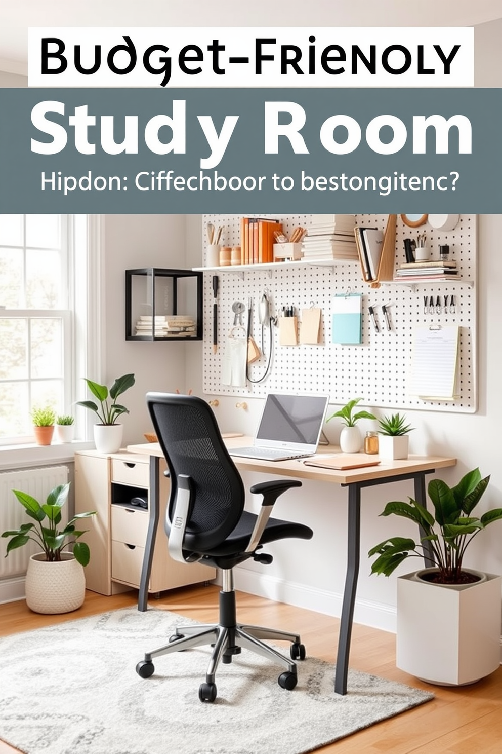 A budget-friendly study room featuring a wall-mounted pegboard for organization. The pegboard is adorned with hooks and shelves to hold stationery, books, and personal items, creating a tidy and functional workspace. The desk is positioned against a window to maximize natural light, with a comfortable ergonomic chair for long study sessions. Soft, neutral colors dominate the room, complemented by a cozy rug and a few potted plants for a touch of greenery.