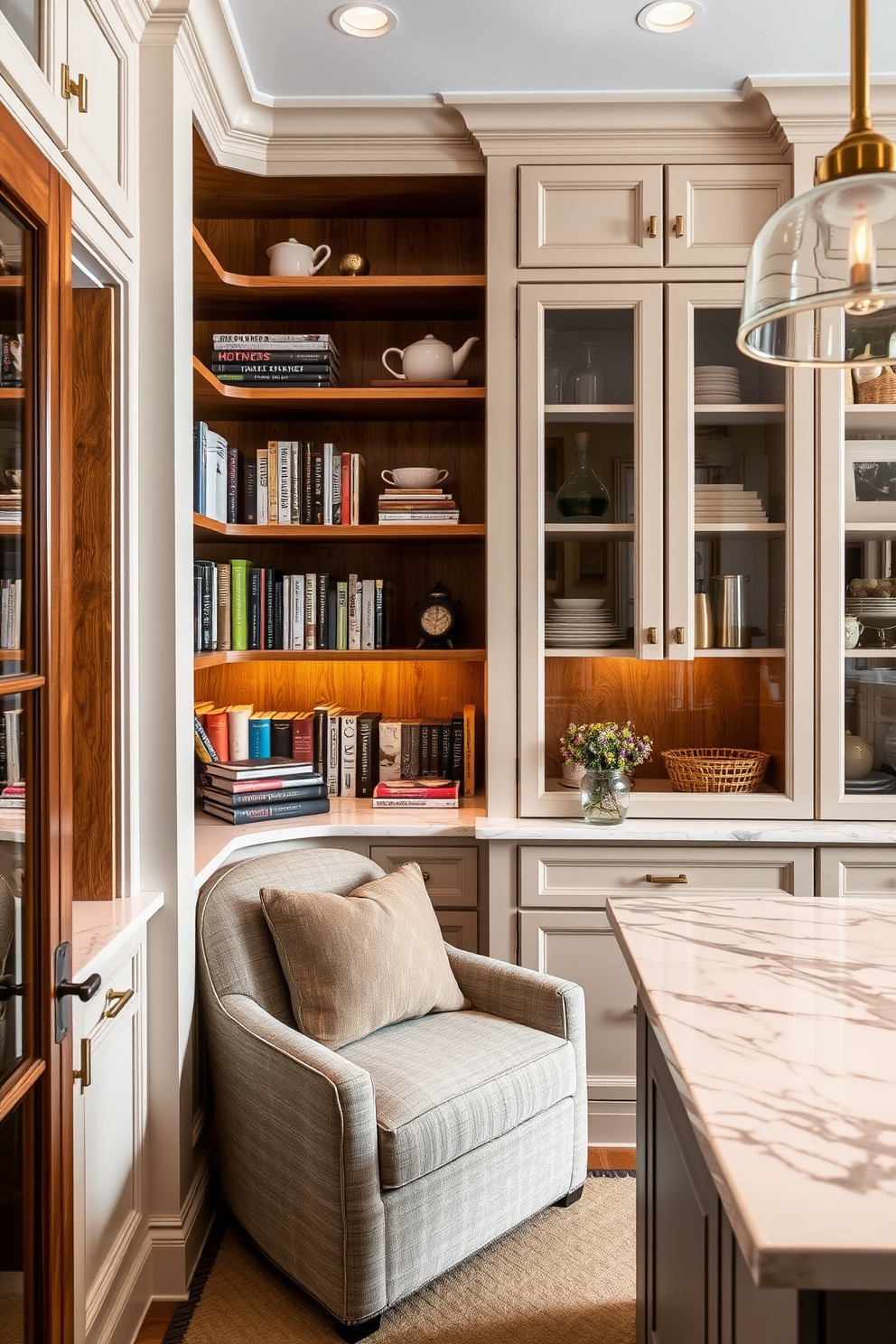 Cozy reading nook with built-in shelves. The nook features a plush armchair in a soft fabric, set against a wall of built-in wooden shelves filled with books and decorative items. Butler pantry design ideas. The pantry includes elegant cabinetry with glass doors, a marble countertop for food preparation, and stylish pendant lighting to create a warm ambiance.