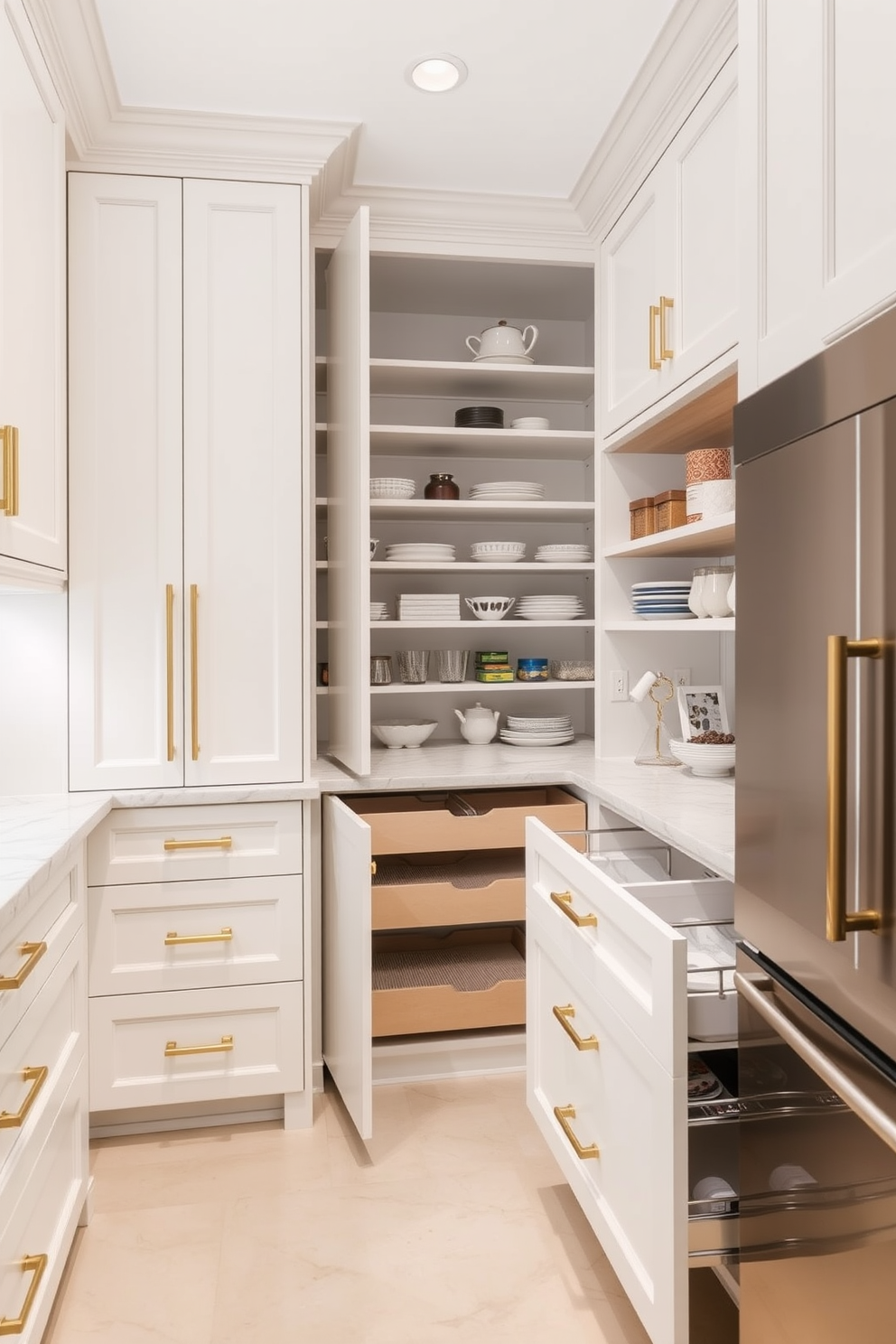 A butler pantry featuring pull-out pantry drawers for optimal convenience and organization. The cabinetry is finished in a soft white, complemented by sleek brass hardware and a marble countertop for a touch of elegance.