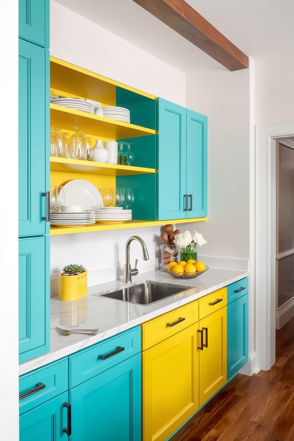 A vibrant butler pantry features colorful cabinetry in shades of teal and yellow, creating a cheerful and inviting atmosphere. Open shelving displays an array of dishes and glassware, while a marble countertop offers ample workspace for meal prep and entertaining.