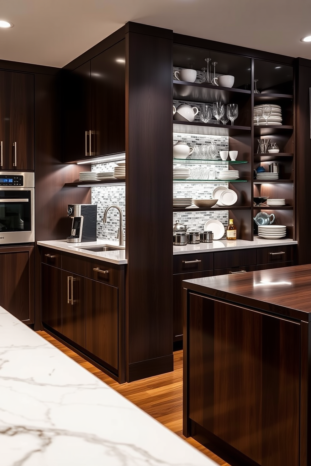 An integrated coffee station designed for morning ease features sleek cabinetry with a built-in espresso machine and a compact grinder. The countertop is adorned with stylish canisters for coffee and sugar, while a small sink provides convenience for rinsing mugs. The butler pantry is designed for functionality and elegance, showcasing open shelving for easy access to dishware and glassware. A large island in the center offers additional prep space, complemented by under-cabinet lighting that highlights the beautiful backsplash.