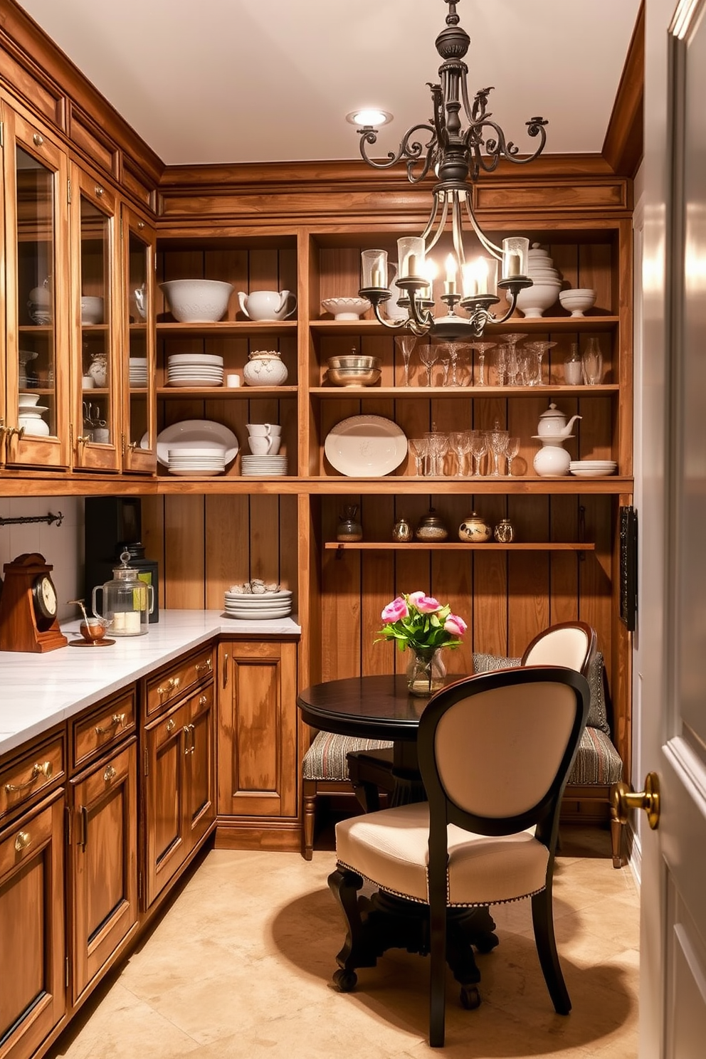 A charming butler pantry with vintage accents featuring distressed wooden cabinetry and brass hardware. The countertops are adorned with a classic white marble, and open shelving displays an array of antique dishware and glassware. A cozy seating nook is included with a small round table and upholstered chairs, perfect for casual dining or coffee breaks. Soft, ambient lighting from a vintage chandelier enhances the warm and inviting atmosphere of the space.