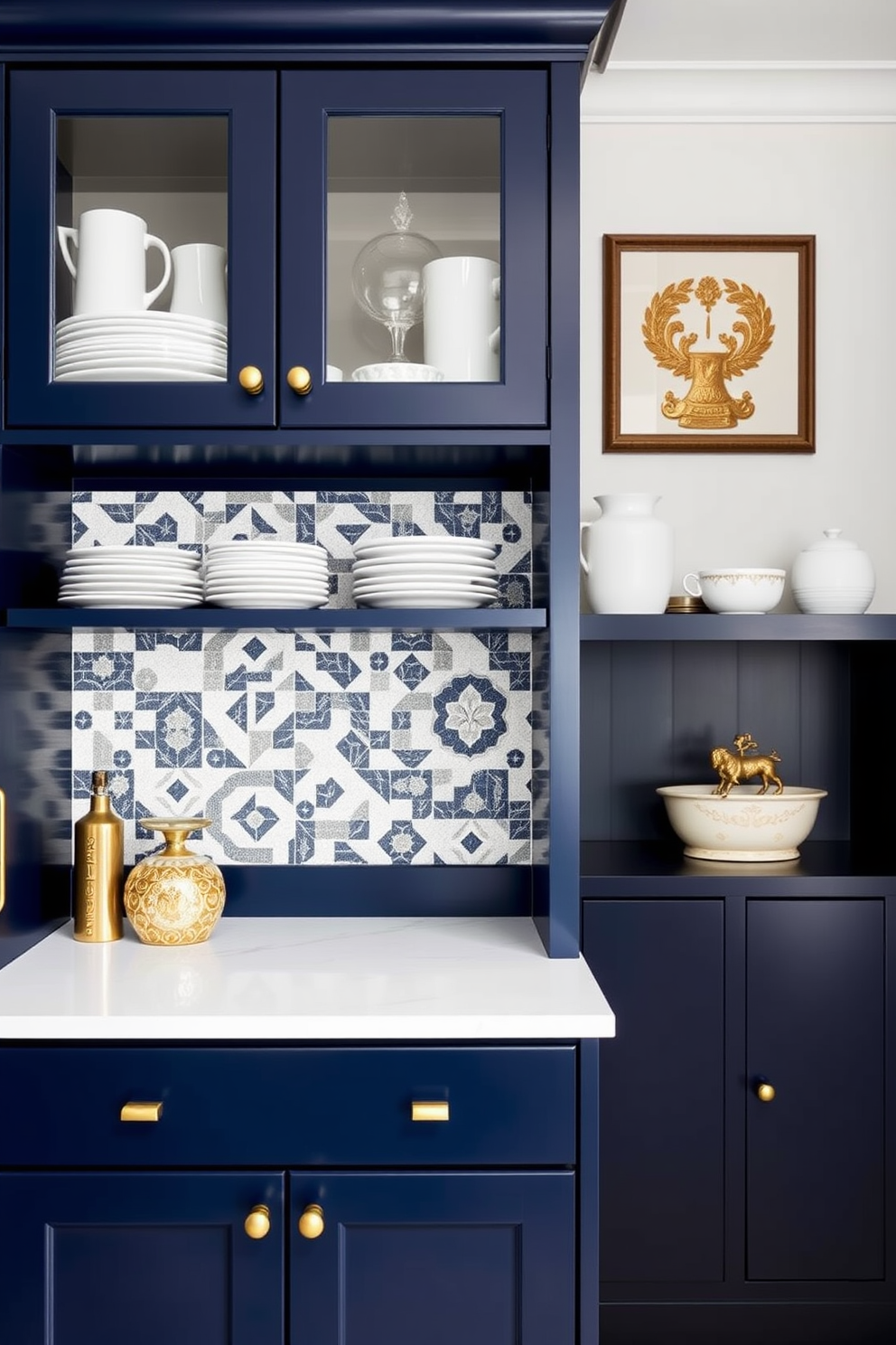 A stylish butler pantry featuring a tile backsplash that adds visual interest and texture. The cabinetry is a rich navy blue with brass hardware, complemented by a white quartz countertop and open shelving displaying elegant dishware.