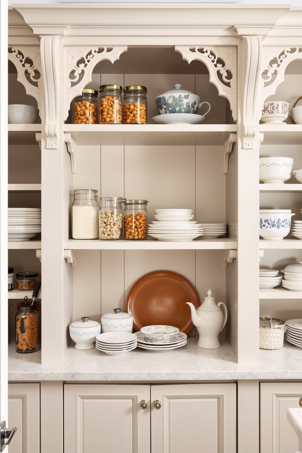 A butler pantry featuring elegant decorative brackets supporting open shelves. The shelves are filled with artisanal jars and beautiful dishware, creating a functional yet stylish space.