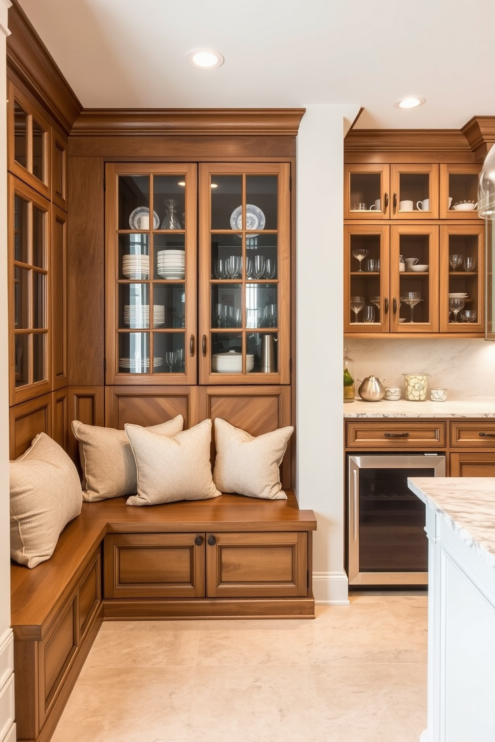 A cozy built-in seating area for casual dining features a custom wooden bench with plush cushions in soft neutral tones. The space is illuminated by pendant lights hanging above, creating an inviting atmosphere for family meals. The butler pantry showcases elegant cabinetry with glass doors, displaying fine china and glassware. A marble countertop provides ample space for food preparation, while a small wine fridge adds a touch of luxury.