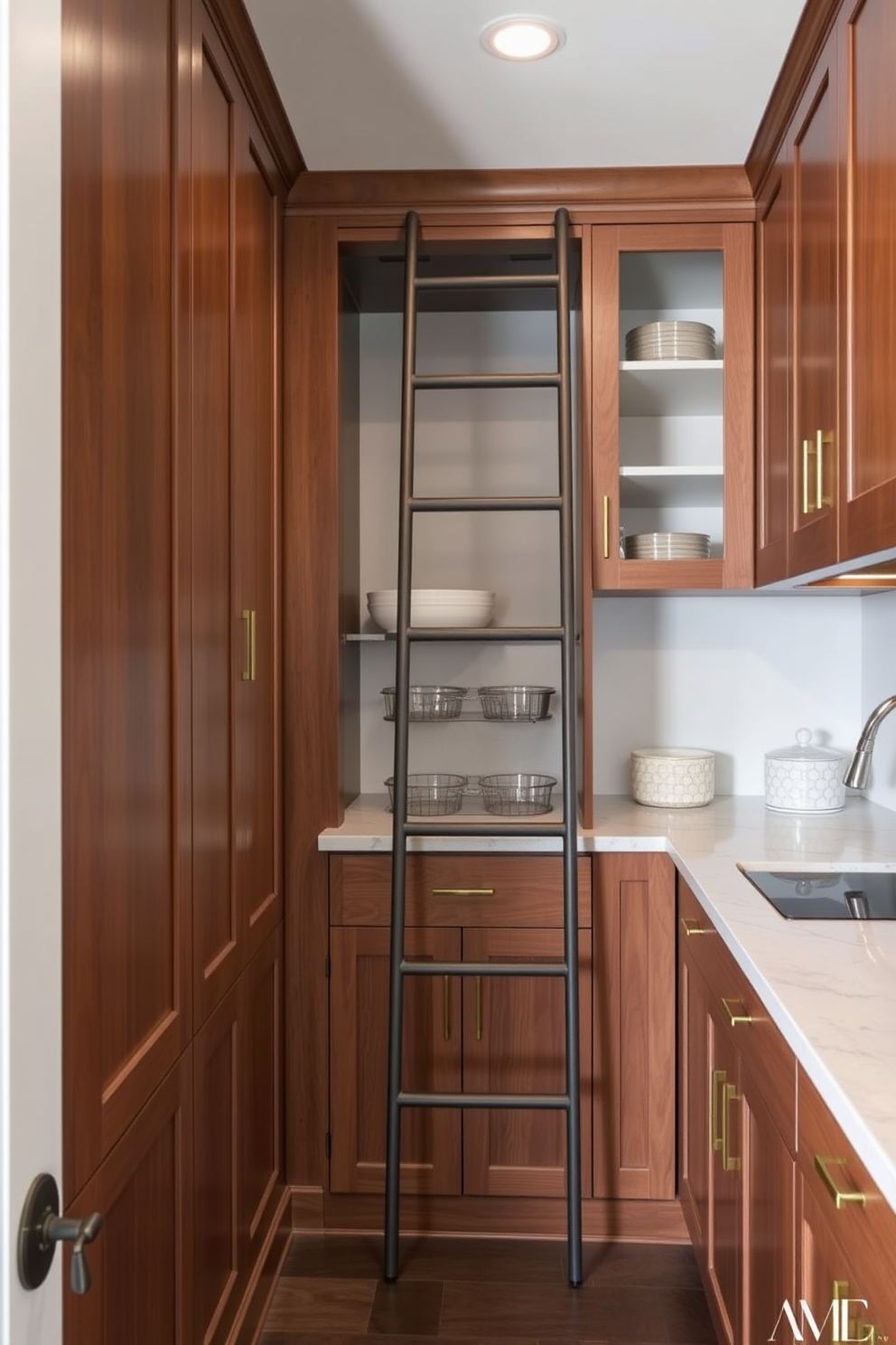 A stylish butler pantry featuring a sleek ladder for accessing high storage. The pantry is designed with custom cabinetry in a rich wood finish, complemented by a marble countertop and elegant brass hardware.