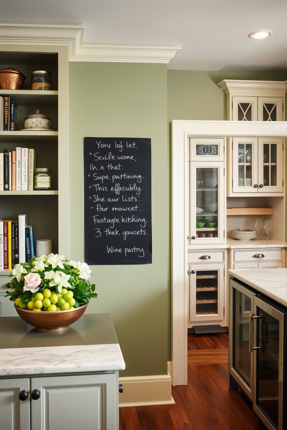 A cozy kitchen featuring a chalkboard wall where family members can jot down notes and lists. The wall is framed by open shelving filled with cookbooks and decorative jars, creating a functional and stylish space. Adjacent to the kitchen, a butler pantry with elegant cabinetry and a marble countertop. The pantry includes a wine fridge and ample storage for dishware, enhancing the overall efficiency of the kitchen.