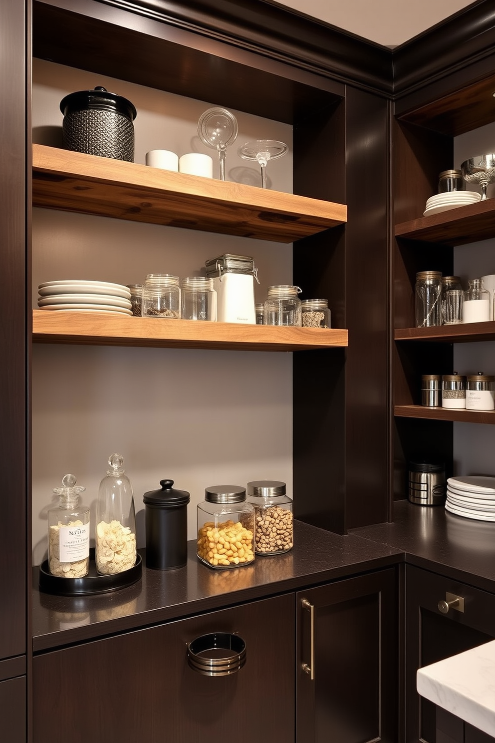 Open shelving is designed to showcase easy access items while maintaining an organized and stylish appearance. The shelves are crafted from reclaimed wood, providing a warm contrast to the sleek cabinetry. The butler pantry features a spacious layout with a combination of open and closed storage solutions. Elegant glass jars and stylish containers are displayed on the shelves, enhancing both functionality and aesthetics.