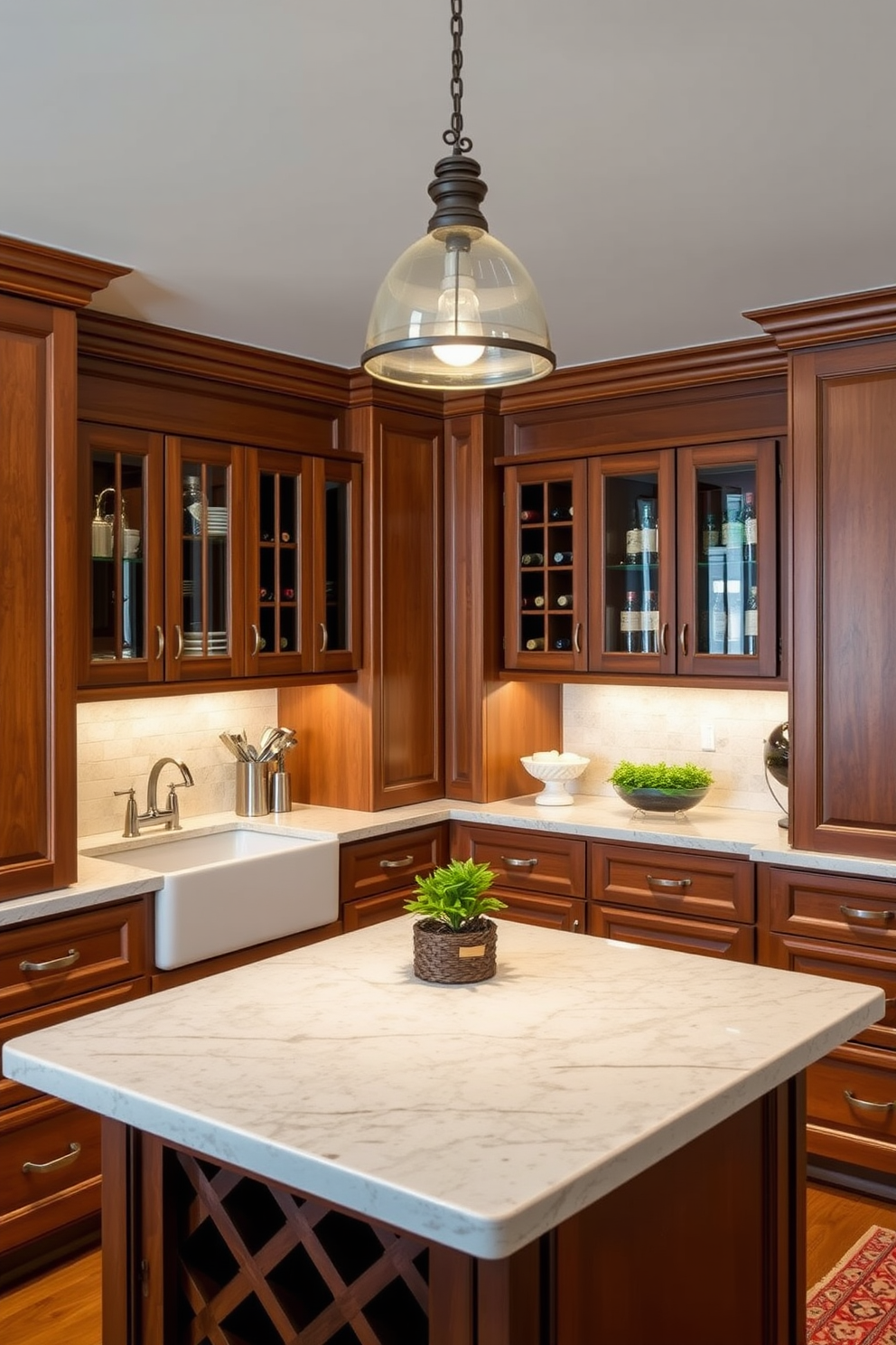 Custom cabinetry designed to fit your space creates a seamless and functional butler pantry. The cabinetry features elegant wood finishes and ample storage with pull-out shelves and built-in wine racks. The layout includes a spacious countertop for food preparation and serving, complemented by stylish pendant lighting above. Decorative elements like glass-front cabinets and a small herb garden add charm and practicality to the design.