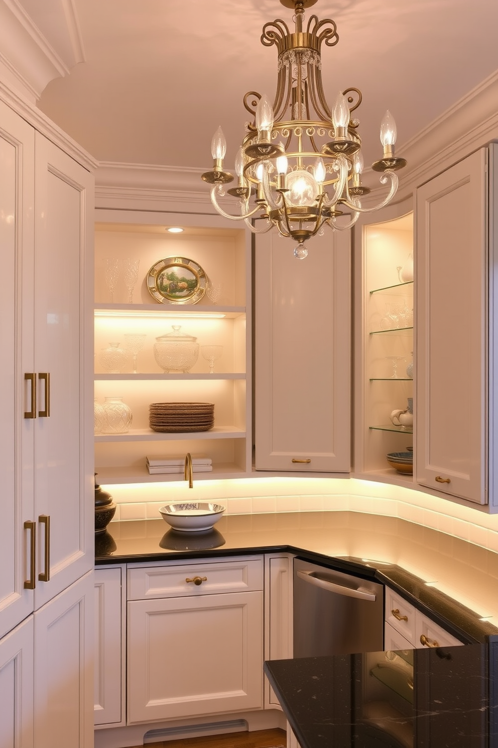 A butler pantry features elegant accent lighting that draws attention to the decorative elements and enhances the overall ambiance. The cabinetry is painted in a soft white, with polished brass hardware that complements the warm glow of the lighting. The countertops are made of dark granite, providing a striking contrast to the lighter cabinets. Open shelving displays curated dishware and glassware, while a stylish chandelier hangs above to create a focal point in the space.