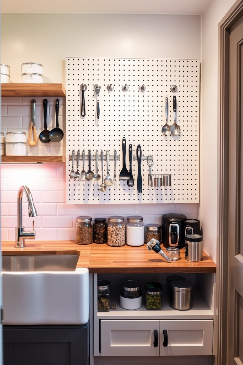 A functional pegboard is installed on the wall, providing an organized space for hanging various kitchen utensils. The design incorporates a sleek wooden countertop, with open shelving below for easy access to pantry items. The butler pantry features a combination of modern and rustic elements, including a farmhouse sink and stylish cabinetry. Soft lighting illuminates the space, highlighting the carefully arranged jars and containers for an inviting atmosphere.