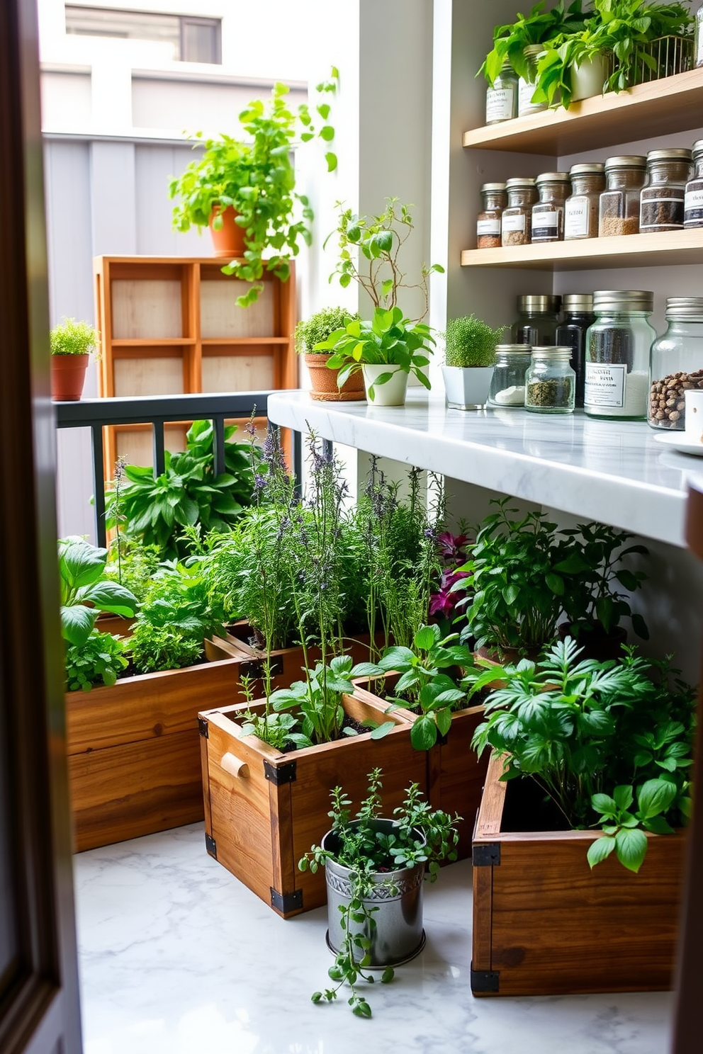 A charming small herb garden filled with a variety of fresh herbs such as basil, rosemary, and thyme. The garden features rustic wooden planters arranged neatly on a sunny balcony with vibrant green foliage. A stylish butler pantry designed for functionality and elegance. It includes ample shelving for storage, a marble countertop for food preparation, and vintage glass jars filled with spices and ingredients.